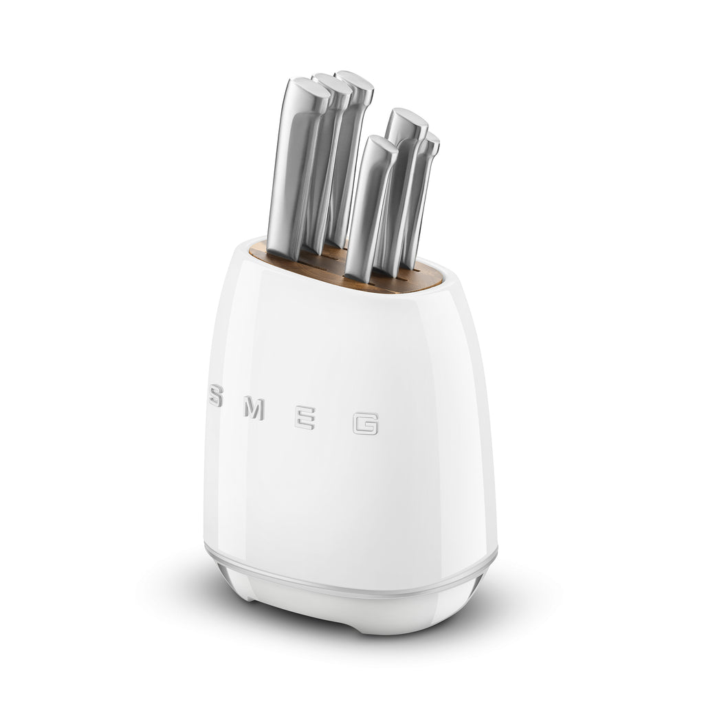 Smeg Knife Block Set by The Gas Boys with sleek white knife block and various stainless steel kitchen knives displayed.