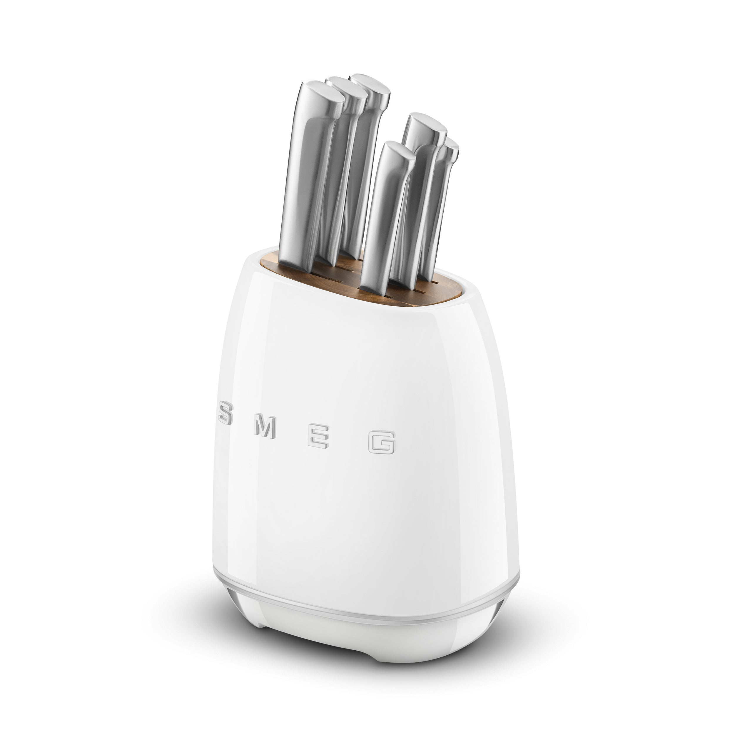 Smeg Knife Block Set by The Gas Boys with sleek white knife block and various stainless steel kitchen knives displayed.