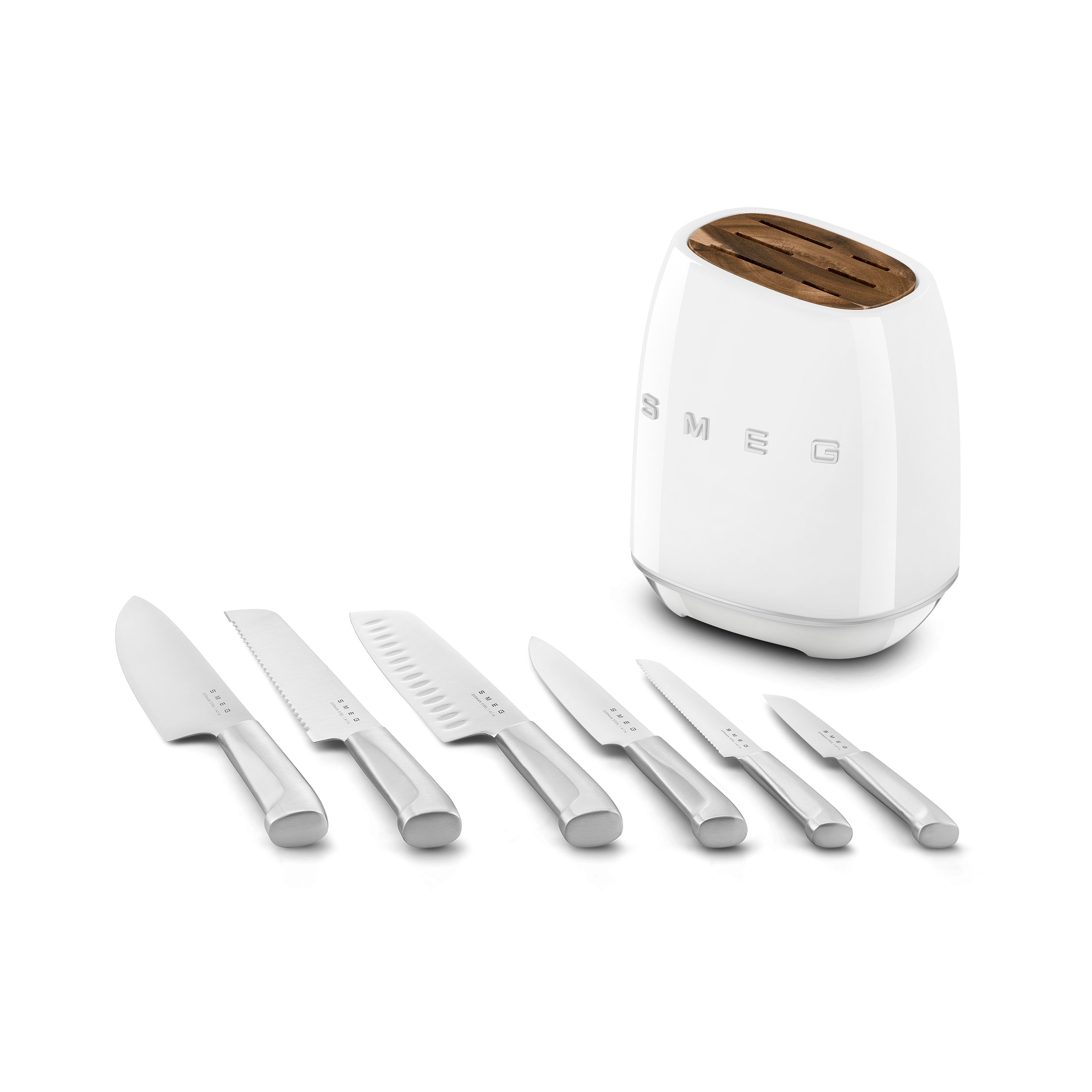 Smeg Knife Block Set by The Gas Boys with white wooden block and stainless steel knives arranged for display.