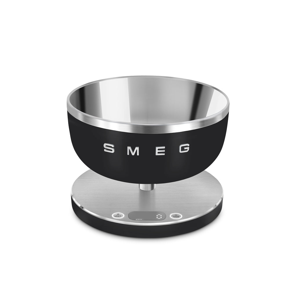 Smeg Digital Kitchen Scale with black and white design, showing measurement display and weighing platform.