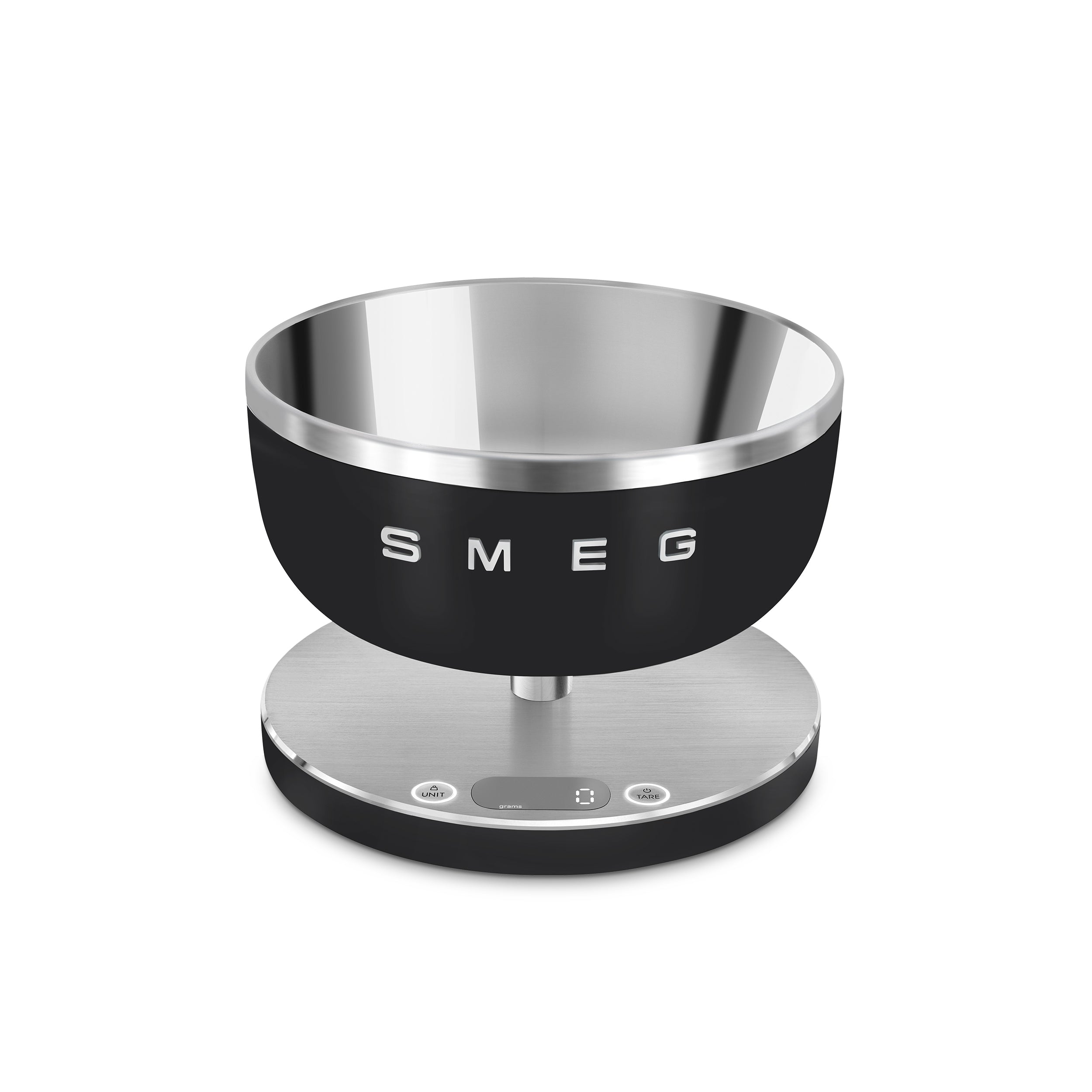 Smeg Digital Kitchen Scale with black and white design, showing measurement display and weighing platform.