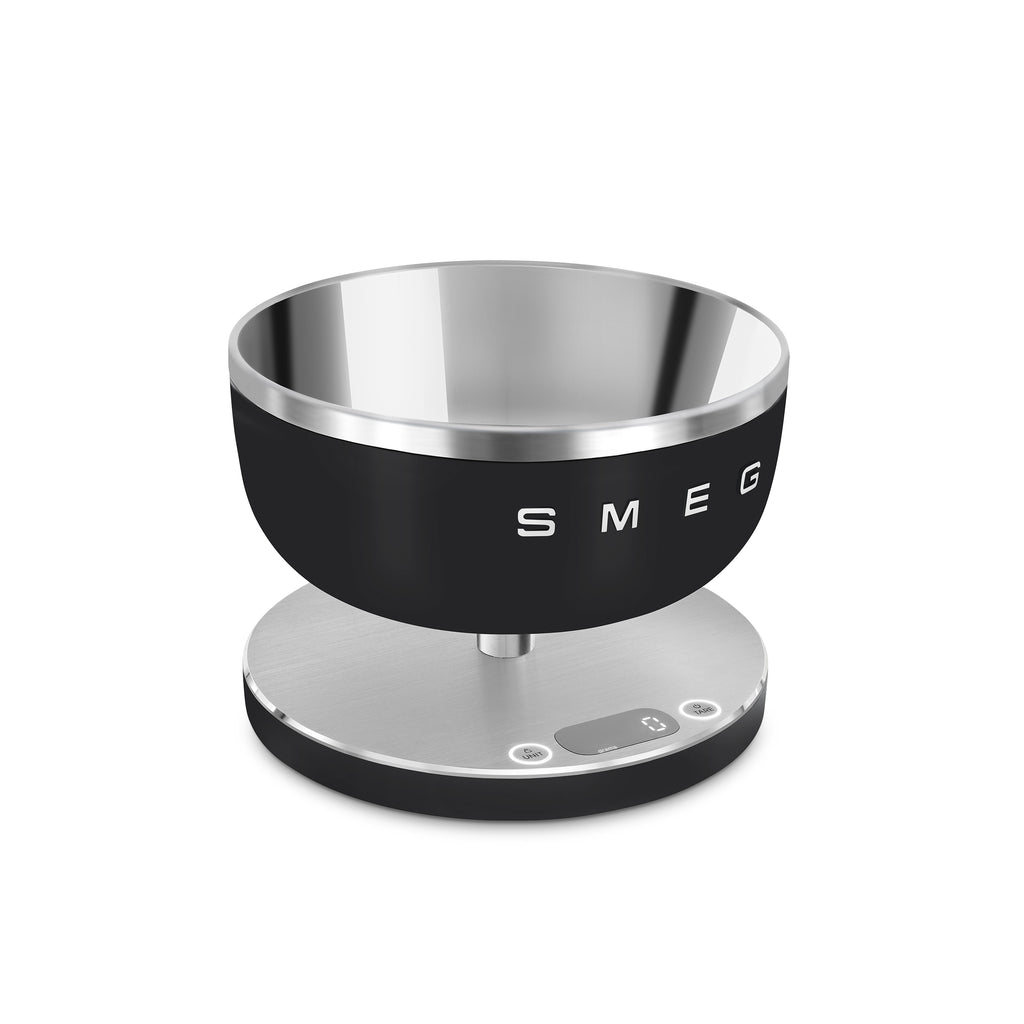 Smeg Digital Kitchen Scale with black and white design, digital display, and stainless steel weighing surface.
