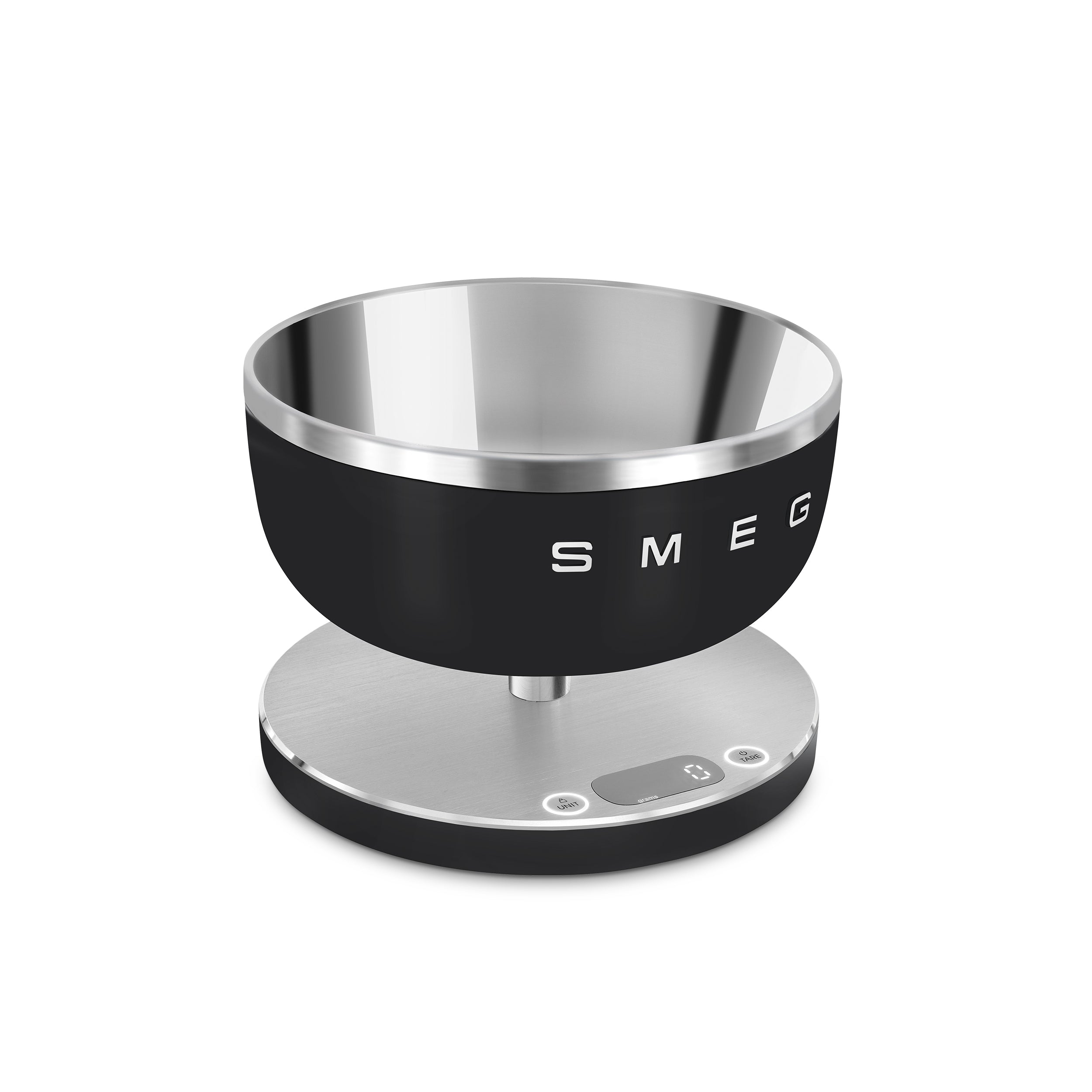 Smeg Digital Kitchen Scale with black and white design, digital display, and stainless steel weighing surface.