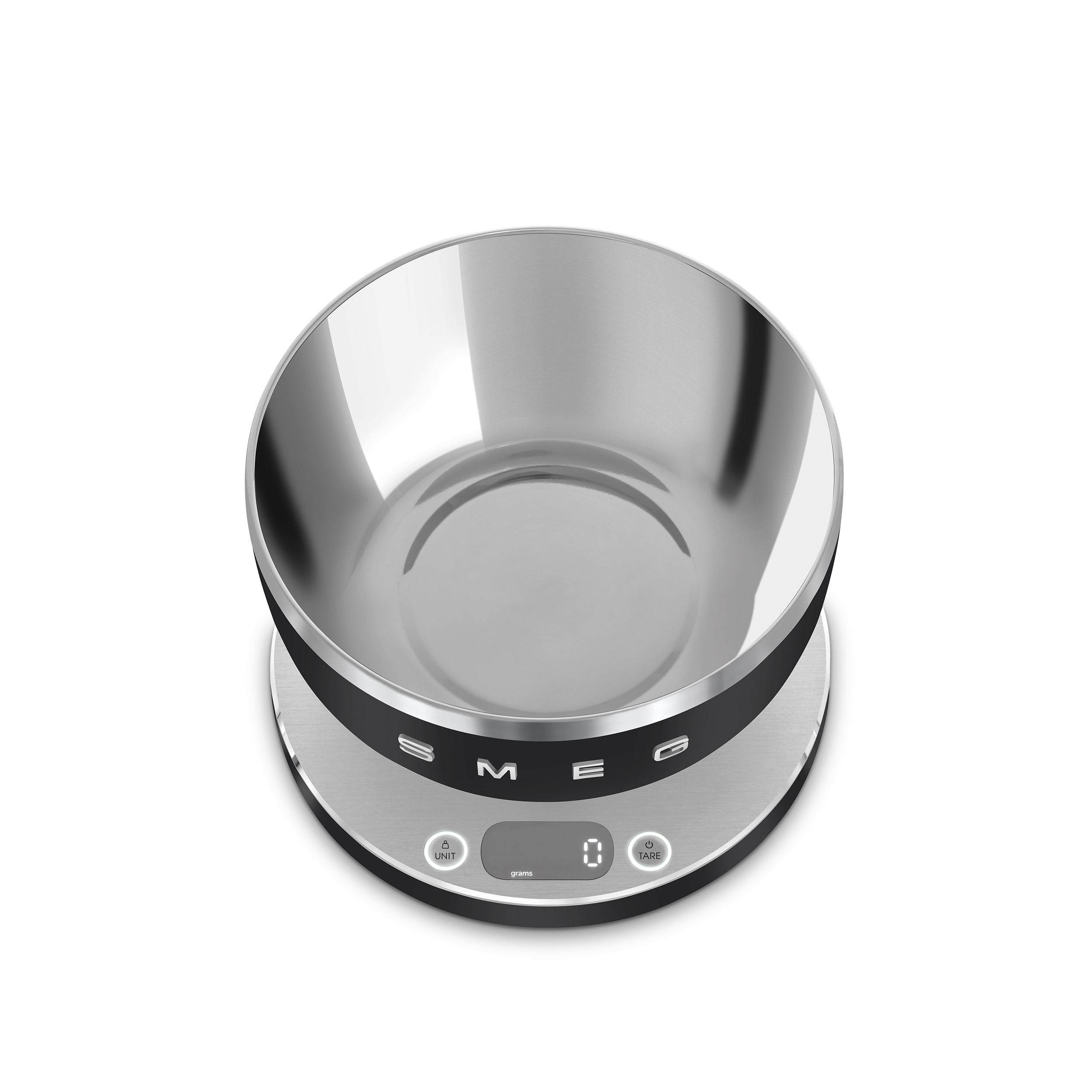 Smeg digital kitchen scale with a sleek black-and-white design and a digital display, perfect for precise food measurement.