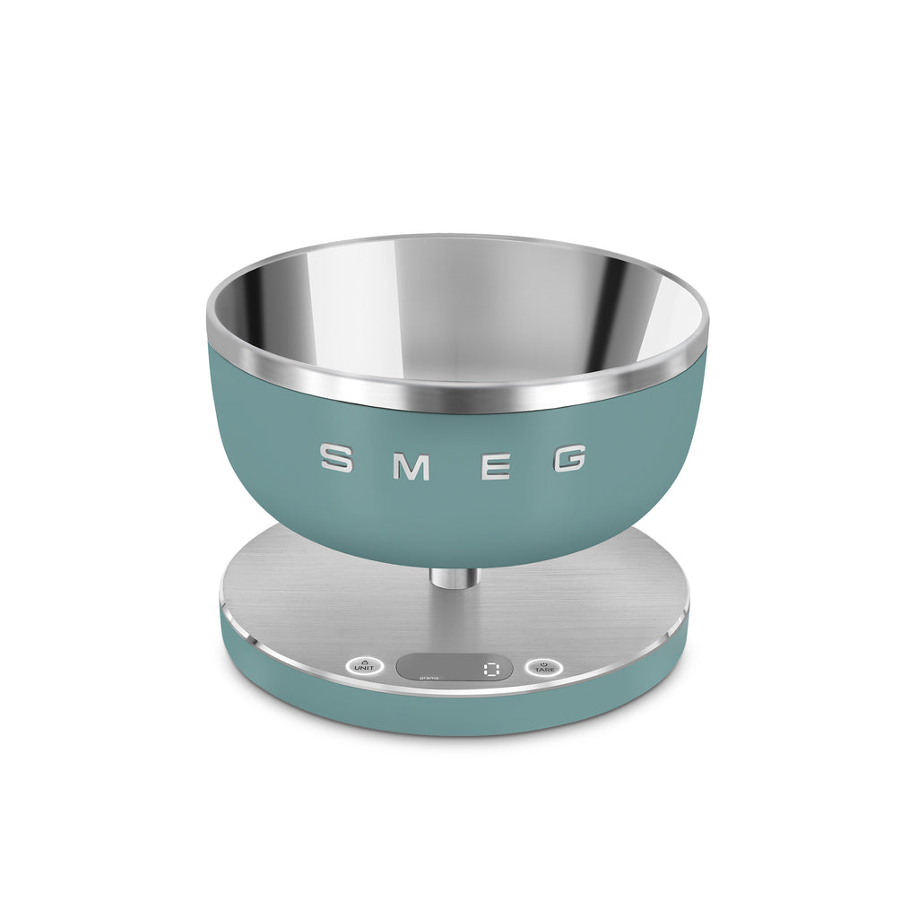 Smeg digital kitchen scale with sleek white design, featuring a digital display and stainless steel weighing platform.