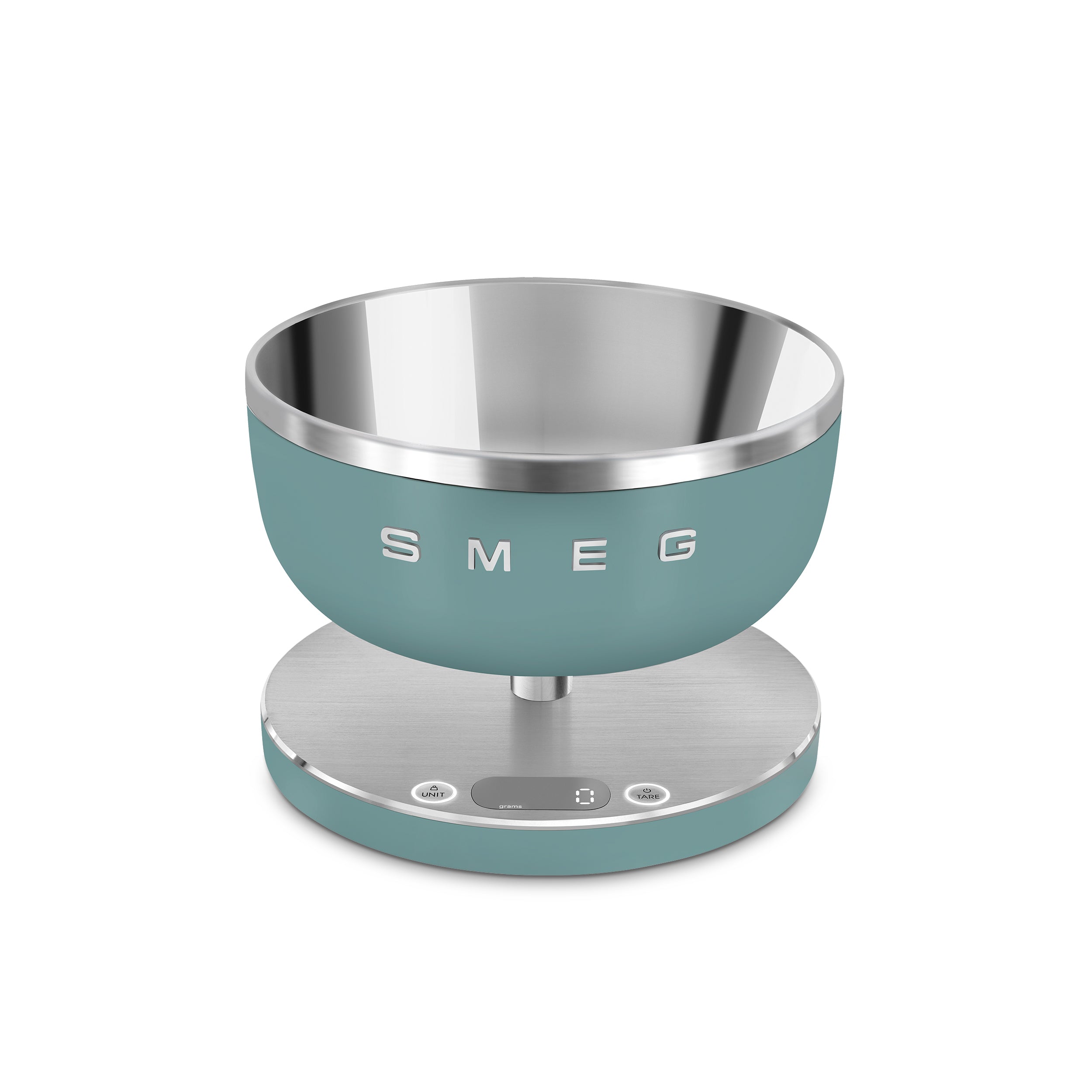 Smeg digital kitchen scale with sleek white design, featuring a digital display and stainless steel weighing platform.