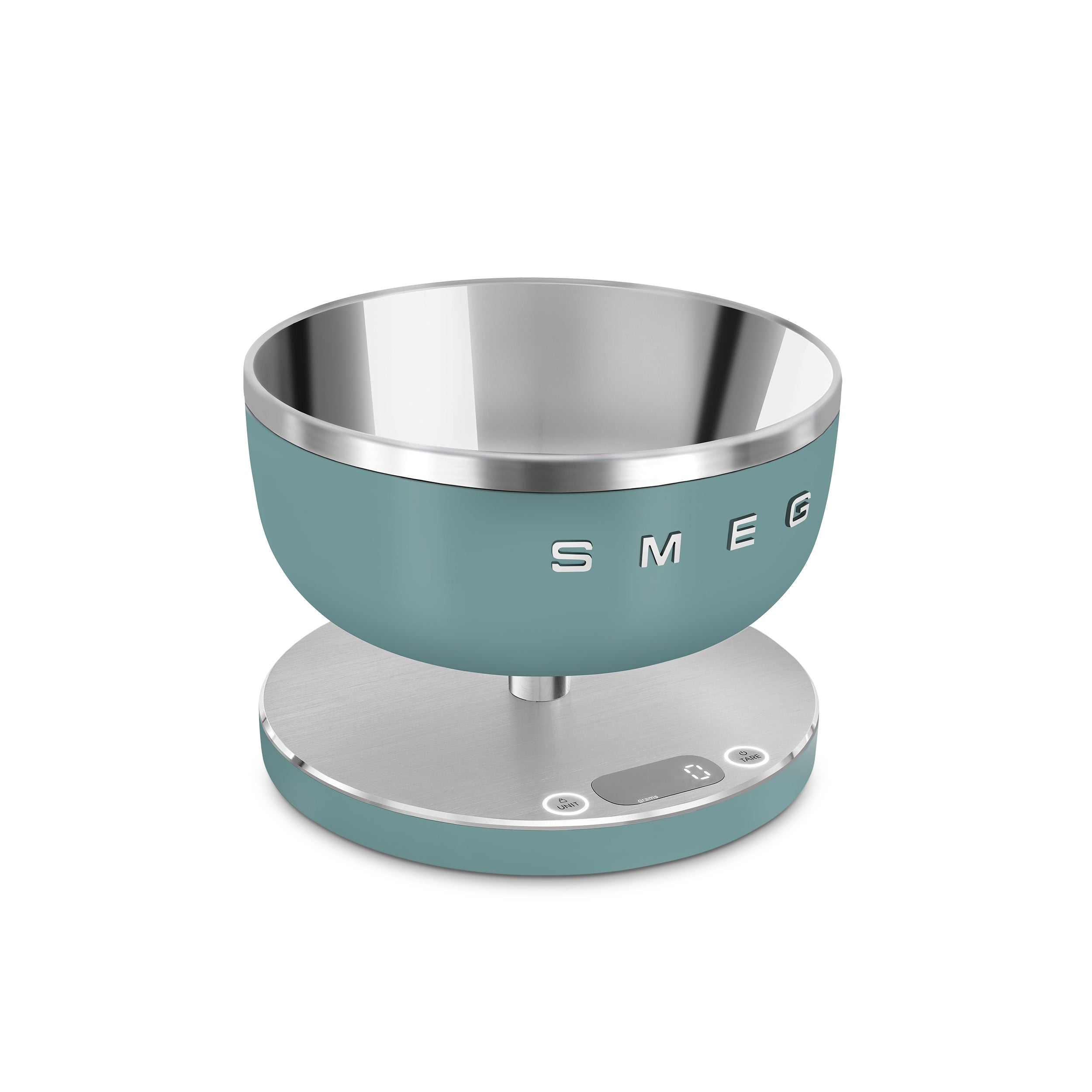 Digital kitchen scale by Smeg with a sleek design, featuring a clear digital display and stainless steel weighing surface.