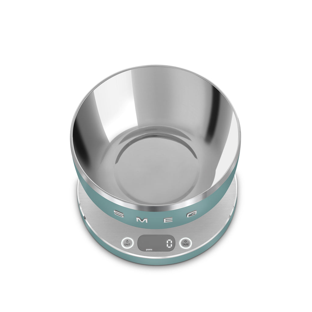 Smeg digital kitchen scale with a sleek white design and digital display, perfect for precise food and ingredient measurement.