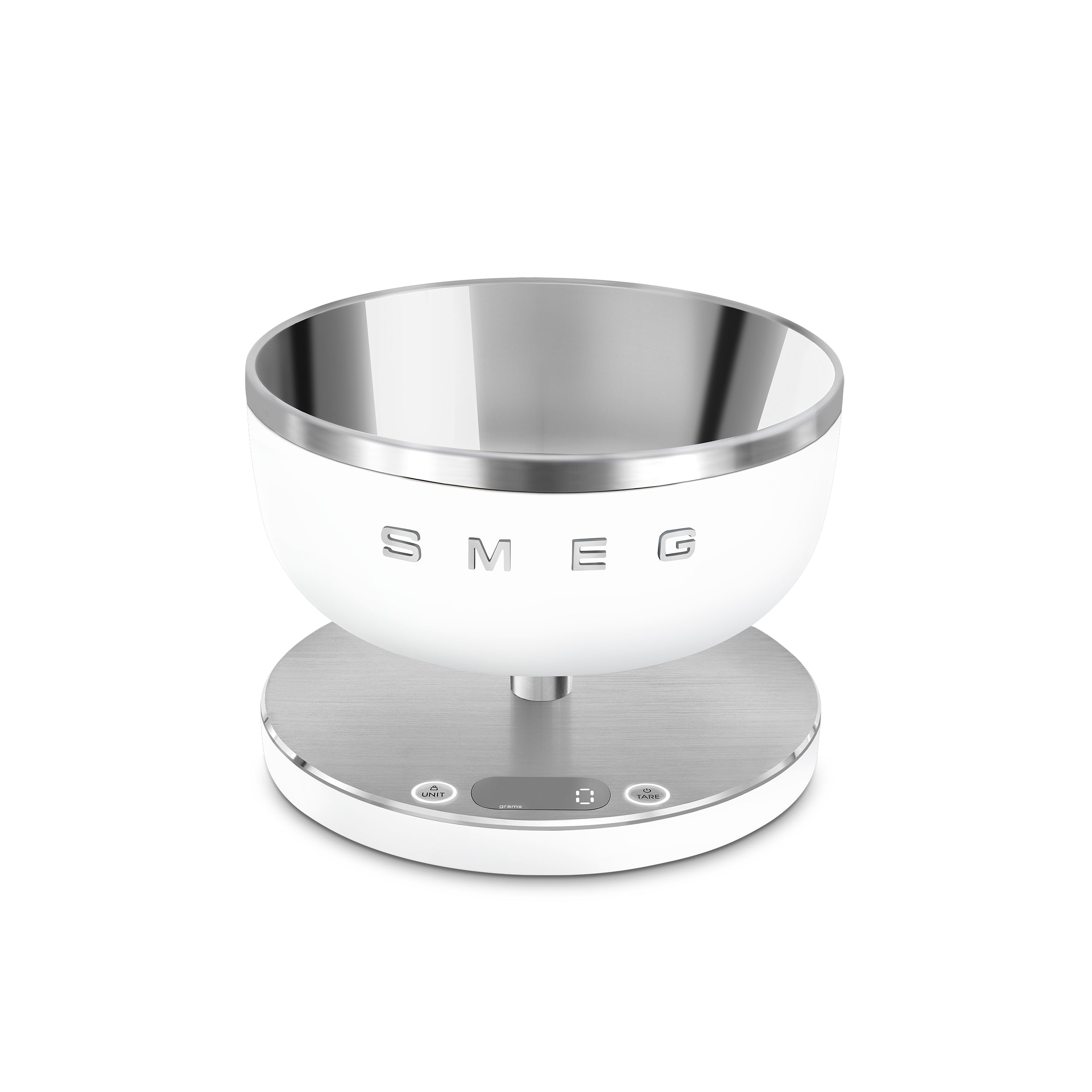 Smeg Digital Kitchen Scale by The Gas Boys showing a sleek white scale with digital display on a kitchen countertop.