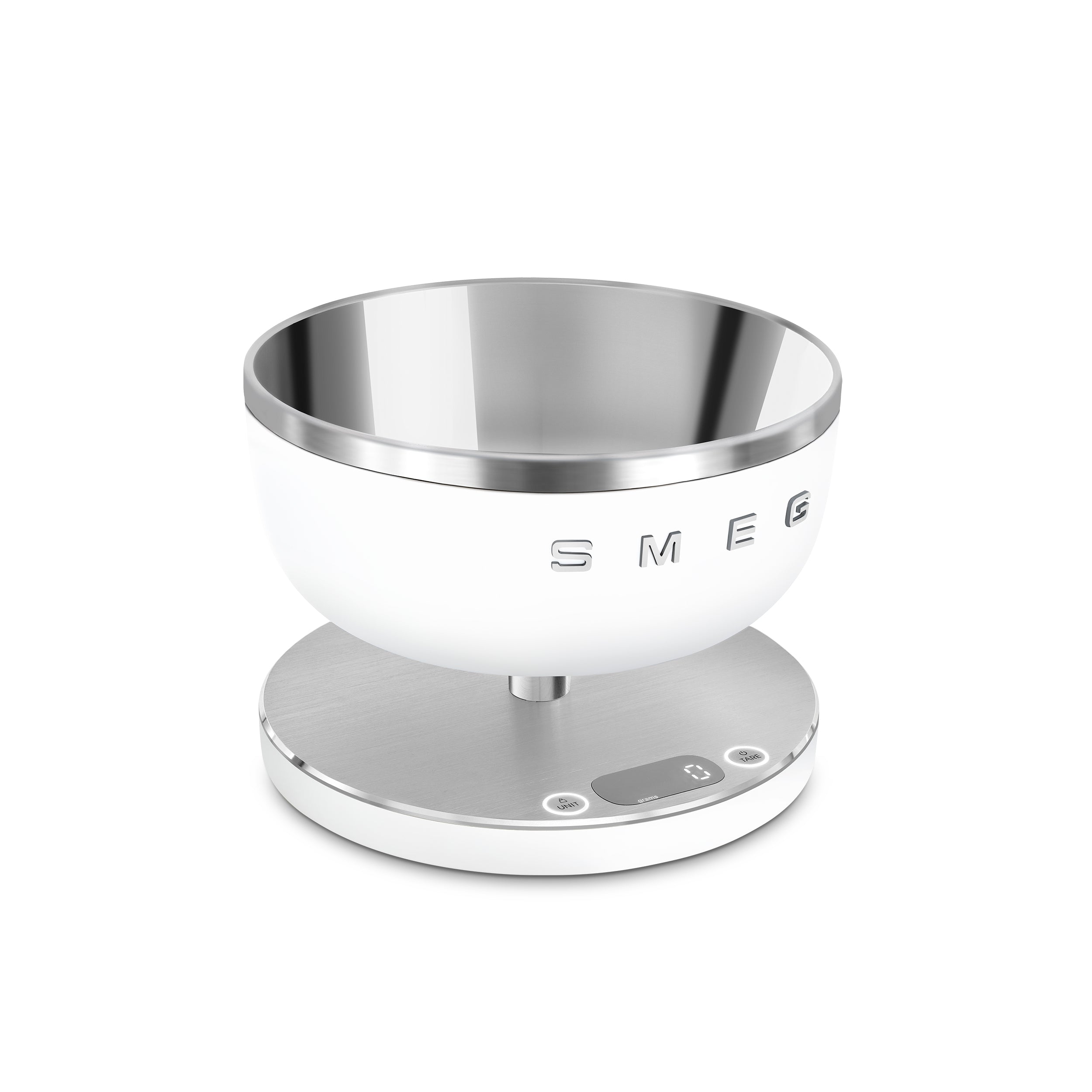 Smeg Digital Kitchen Scale by The Gas Boys, white with digital display, measuring bowl, and sleek modern design.