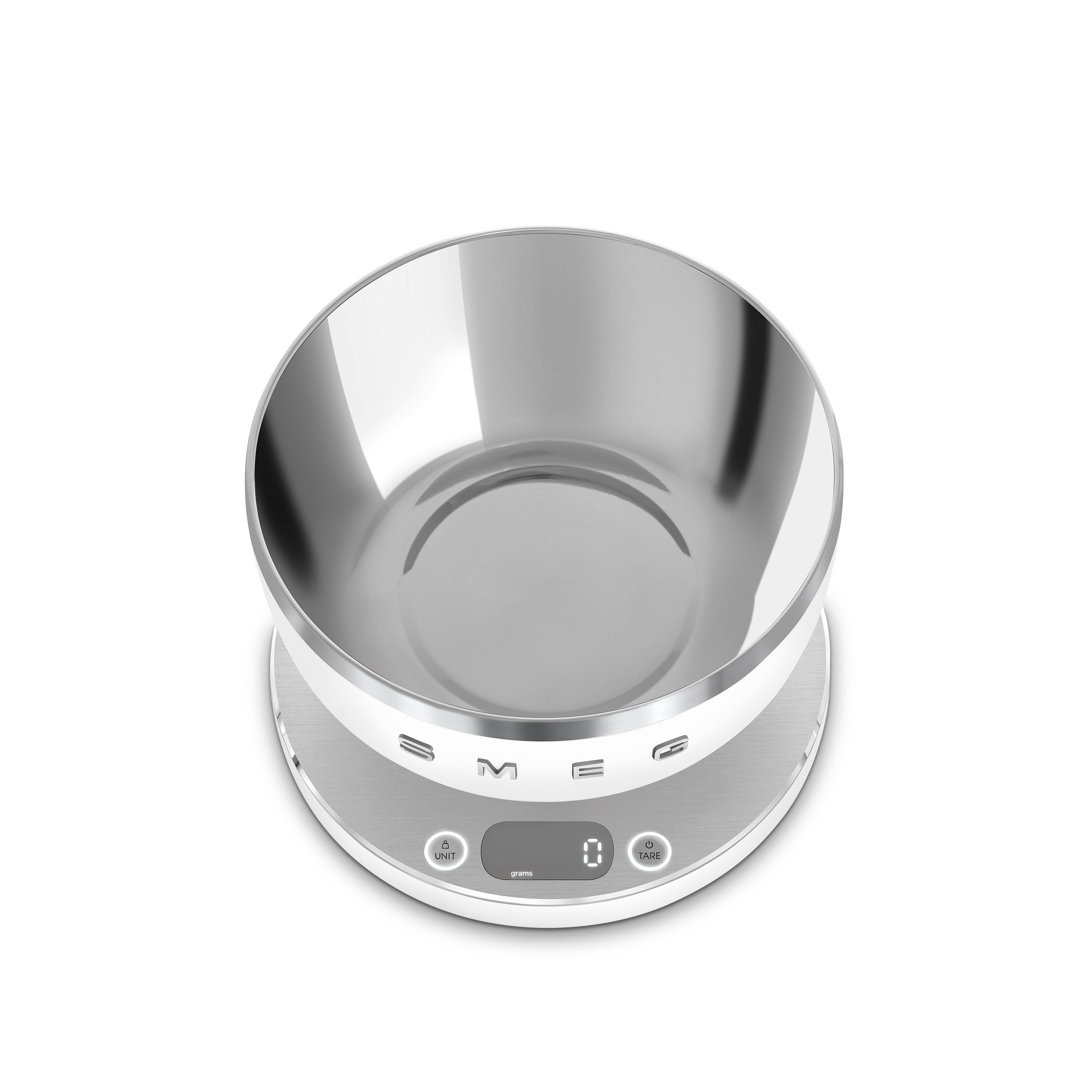 Smeg Digital Kitchen Scale in white with digital display and sleek design, perfect for precise food measurement.