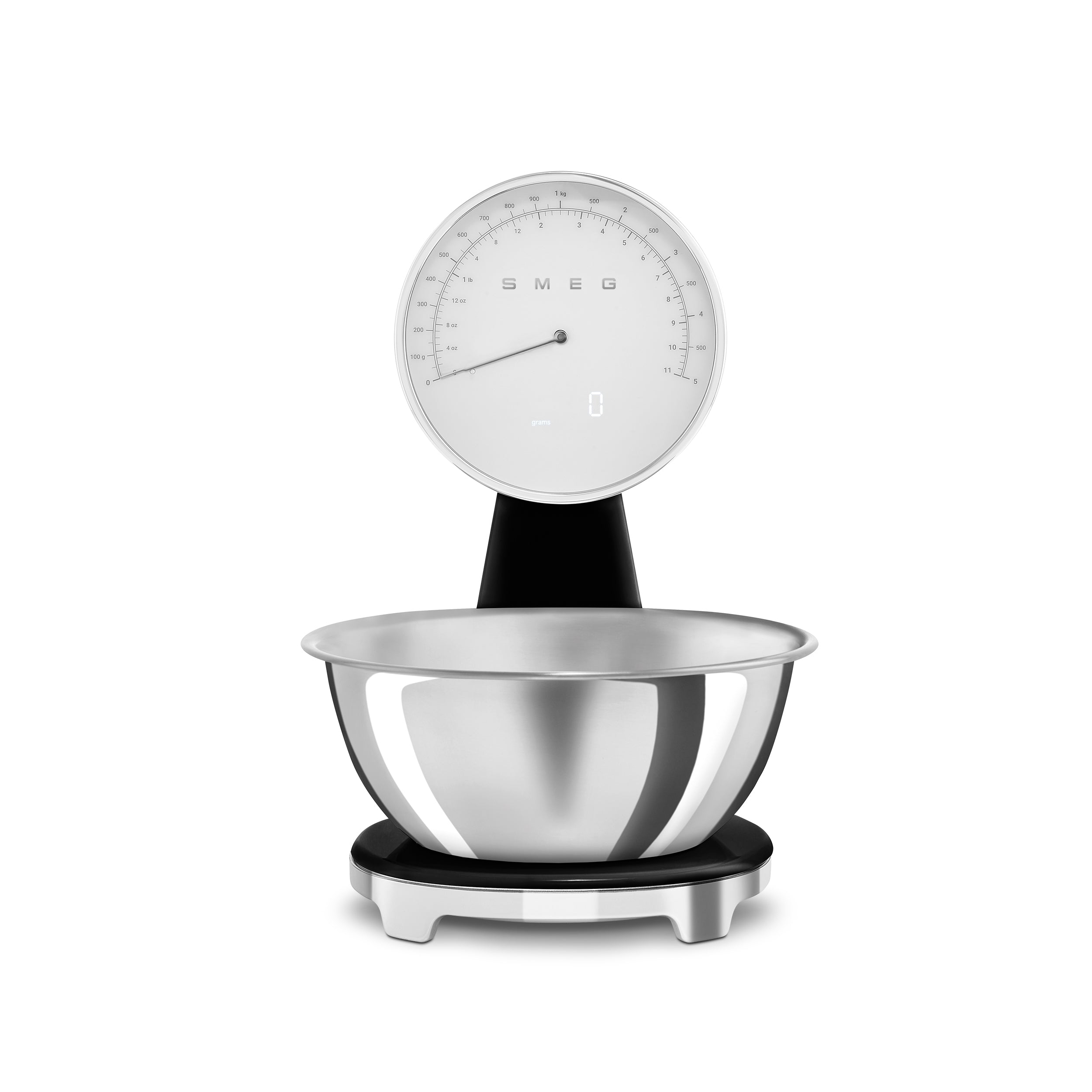 Smeg digital and analog kitchen scale with sleek white design and digital display, perfect for precise food measurements.