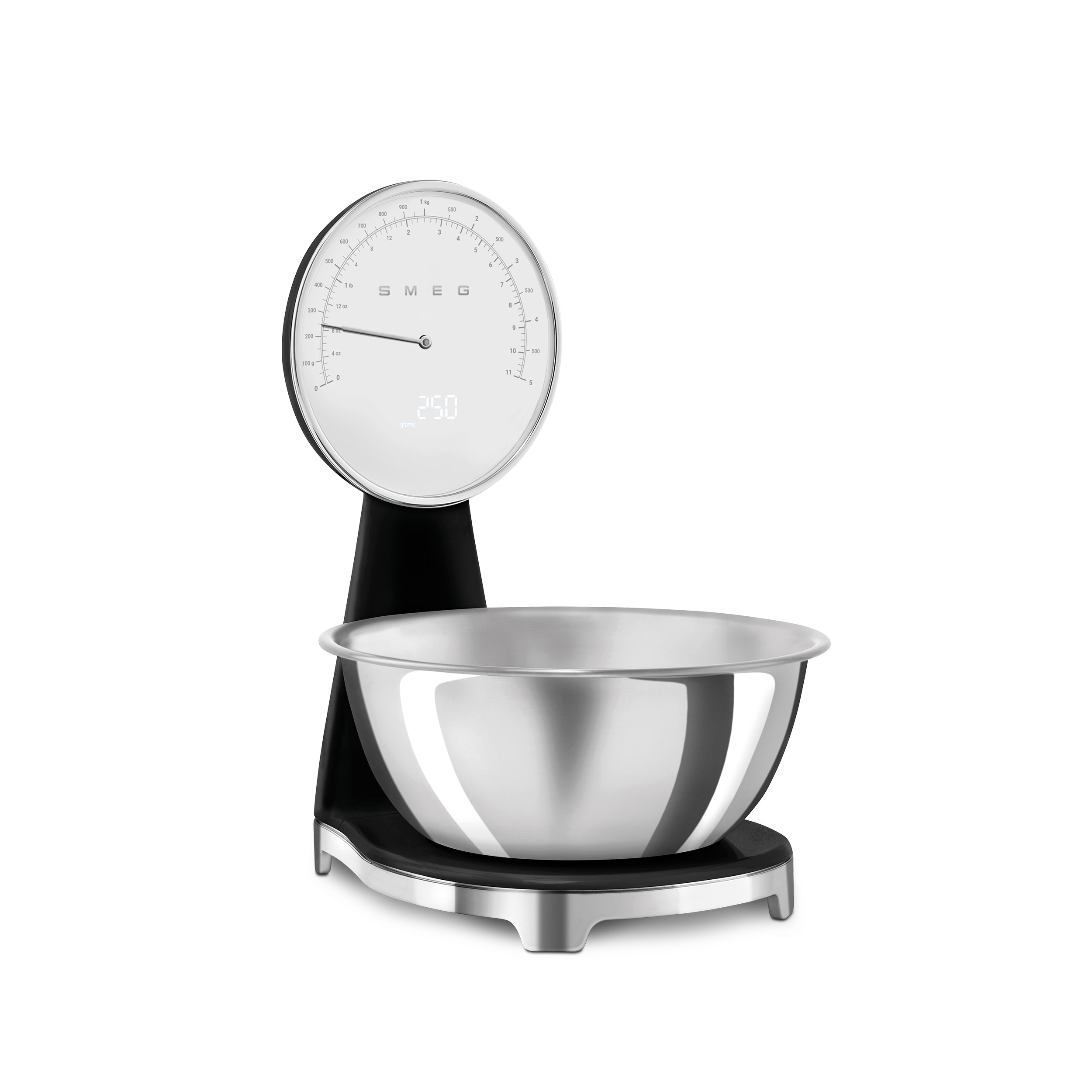 Digital and analog kitchen scale by Smeg with a sleek design, featuring a white and black color scheme, for precise weight measurement.
