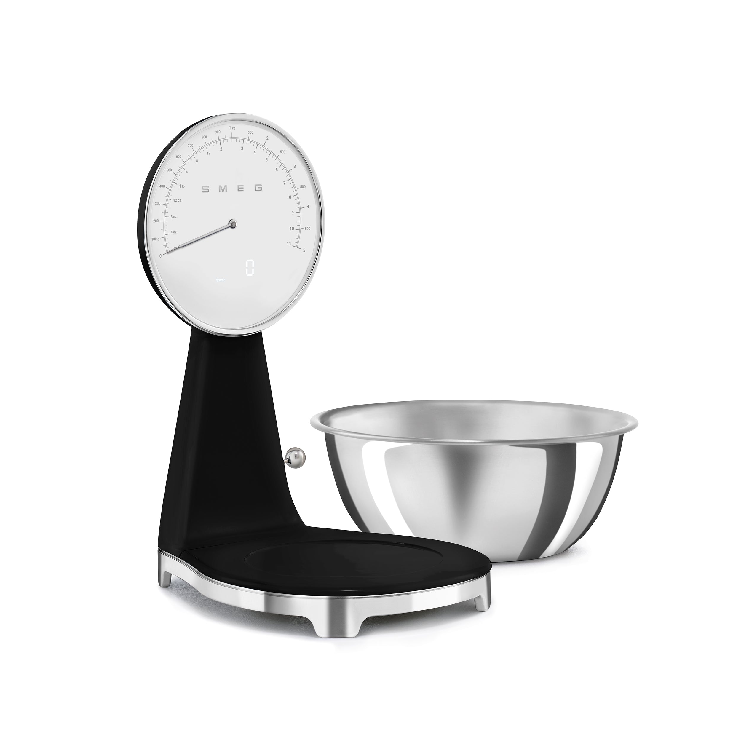 Smeg digital and analog kitchen scale with a sleek white design, featuring a digital display and analog dial for precise measurements.