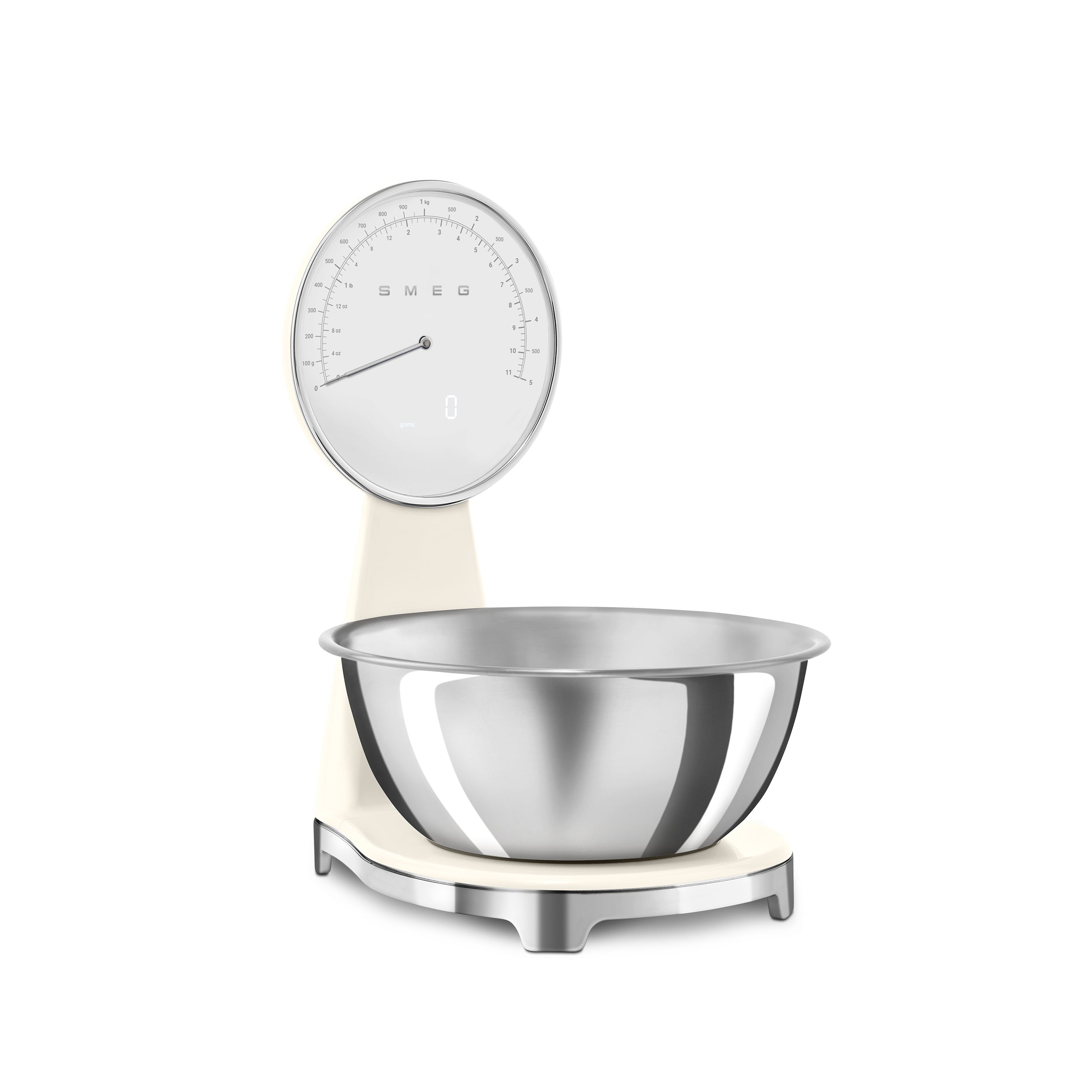 Smeg digital and analog kitchen scale with sleek design, white finish, and digital display for precise weight measurement.