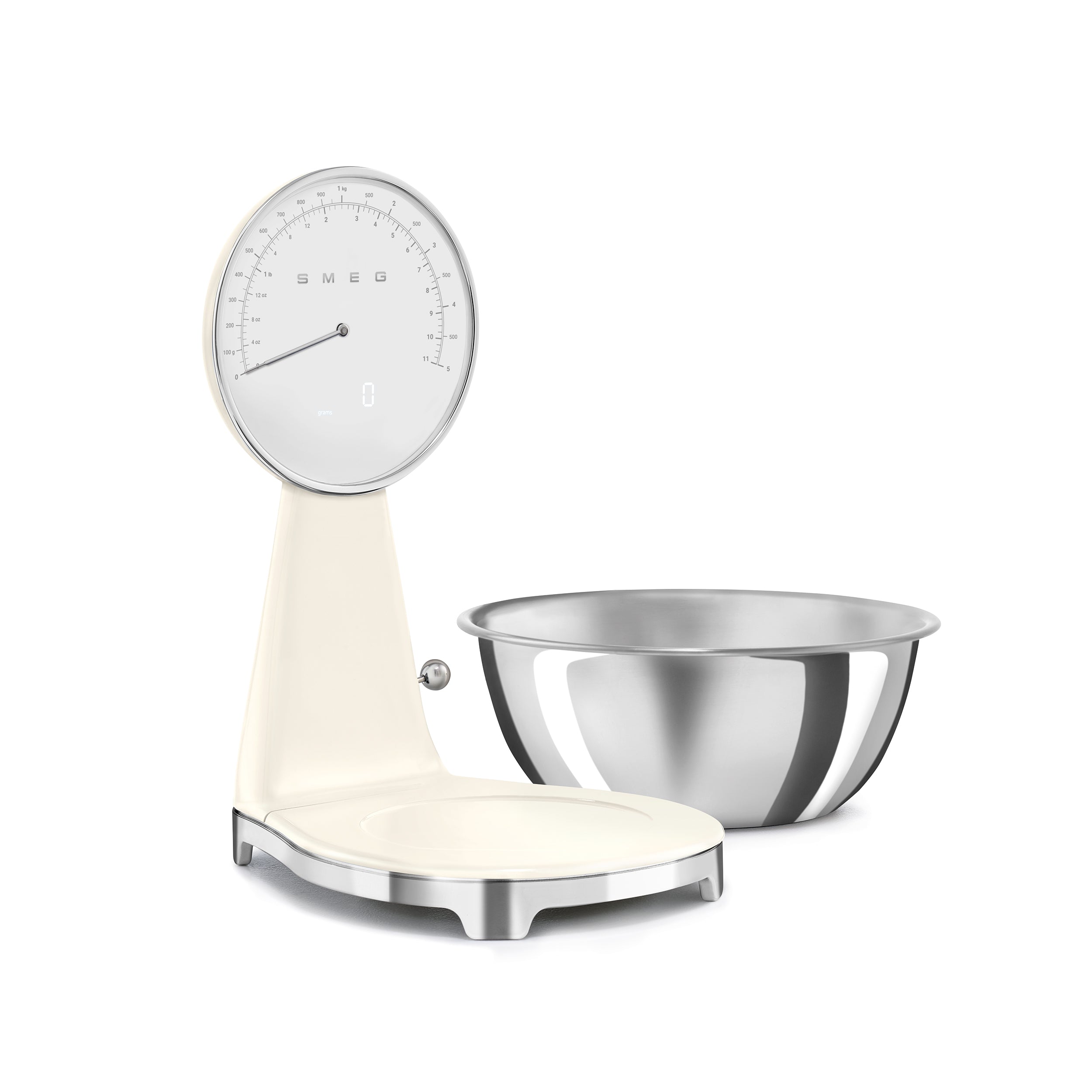 Smeg digital and analog kitchen scale with a sleek white design, featuring a digital display and a traditional analog dial.
