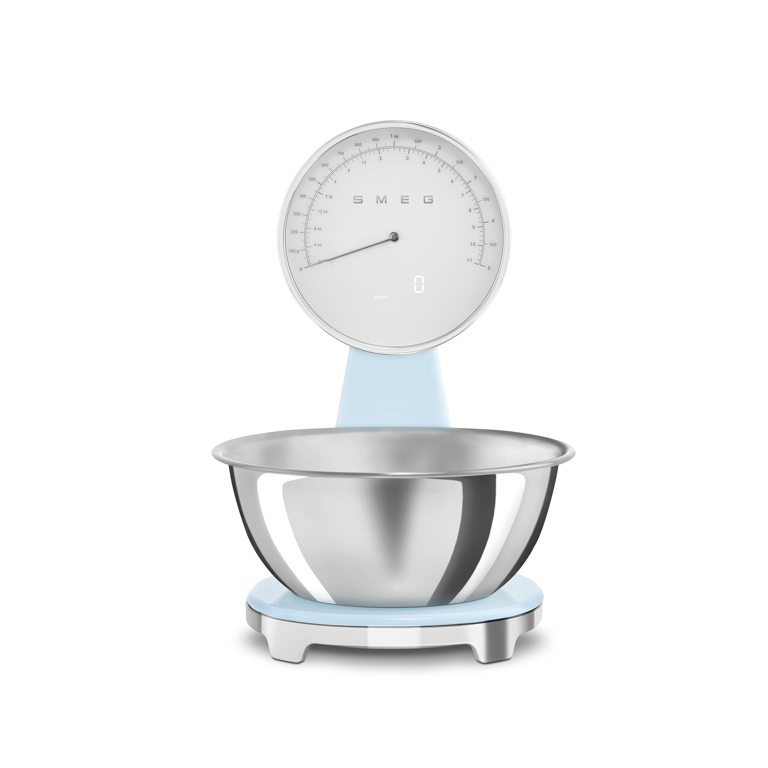 Smeg Digital and Analog Kitchen Scale with sleek white design, featuring digital display and analog dial for precise measurements.