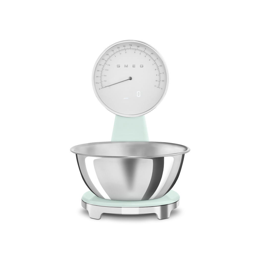 Smeg Digital & Analog Kitchen Scale with white finish, showing digital display and analog dial for precise weight measurement.