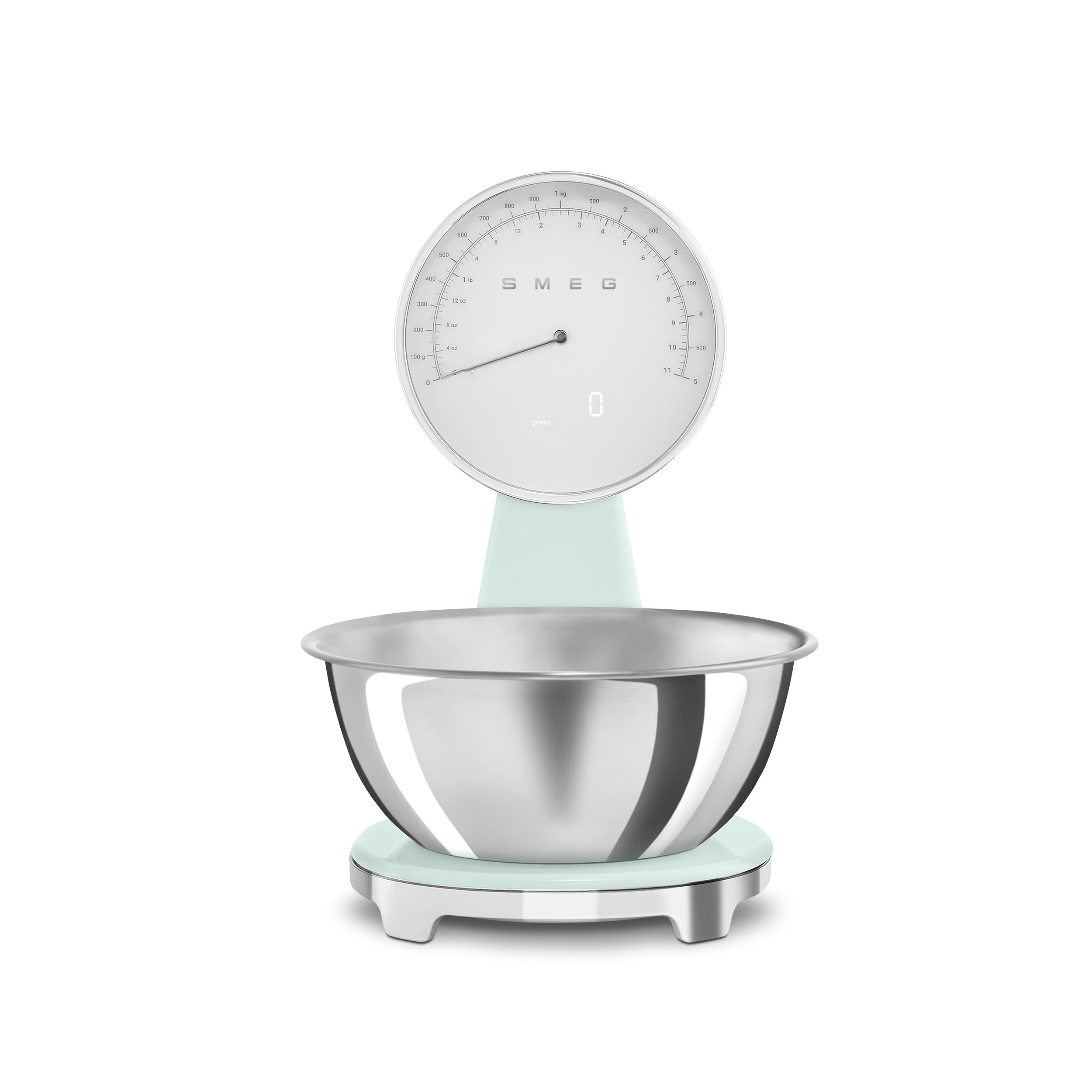 Smeg Digital & Analog Kitchen Scale with white finish, showing digital display and analog dial for precise weight measurement.