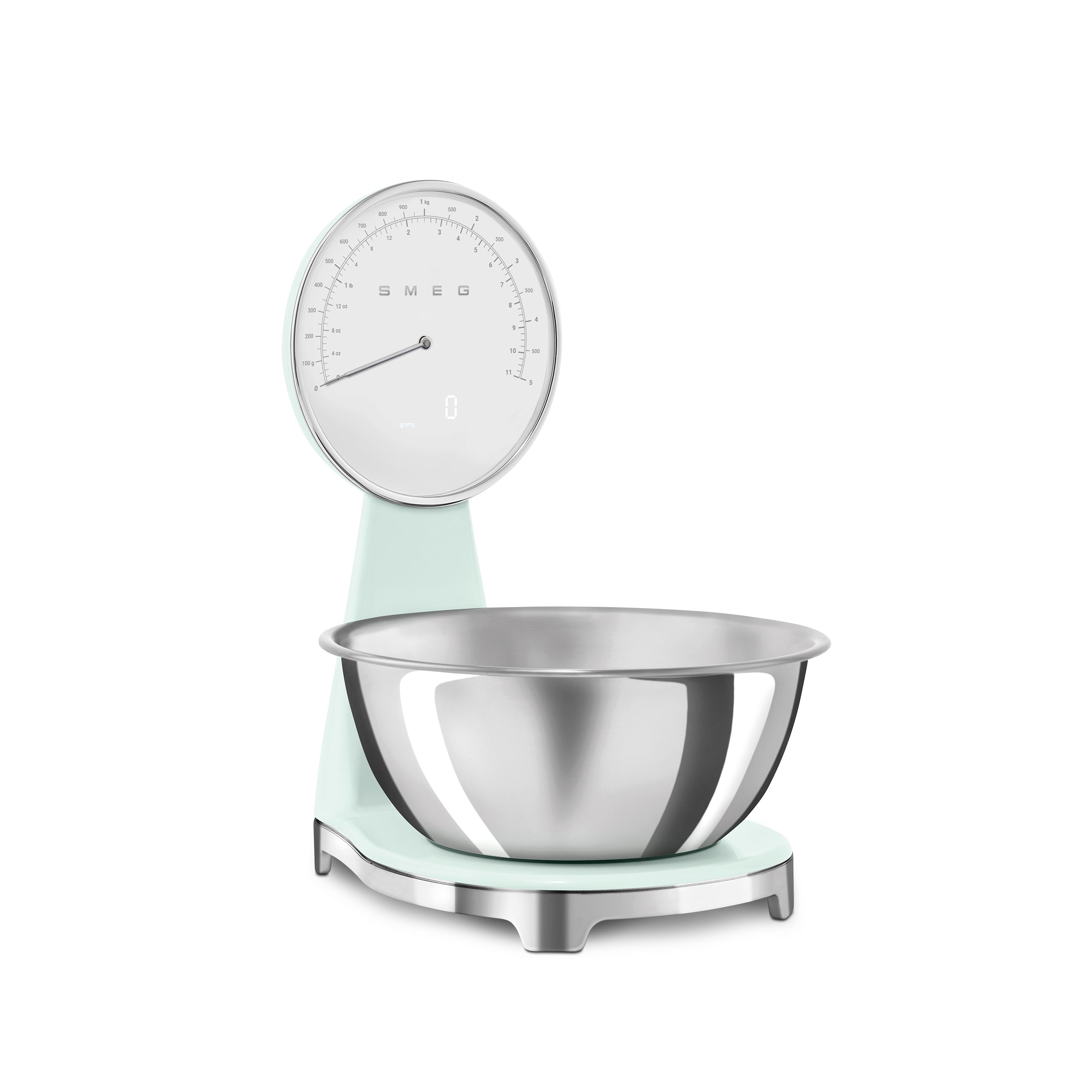 Smeg digital and analog kitchen scale with sleek white design, featuring a digital display and analog dial for precise measurements.