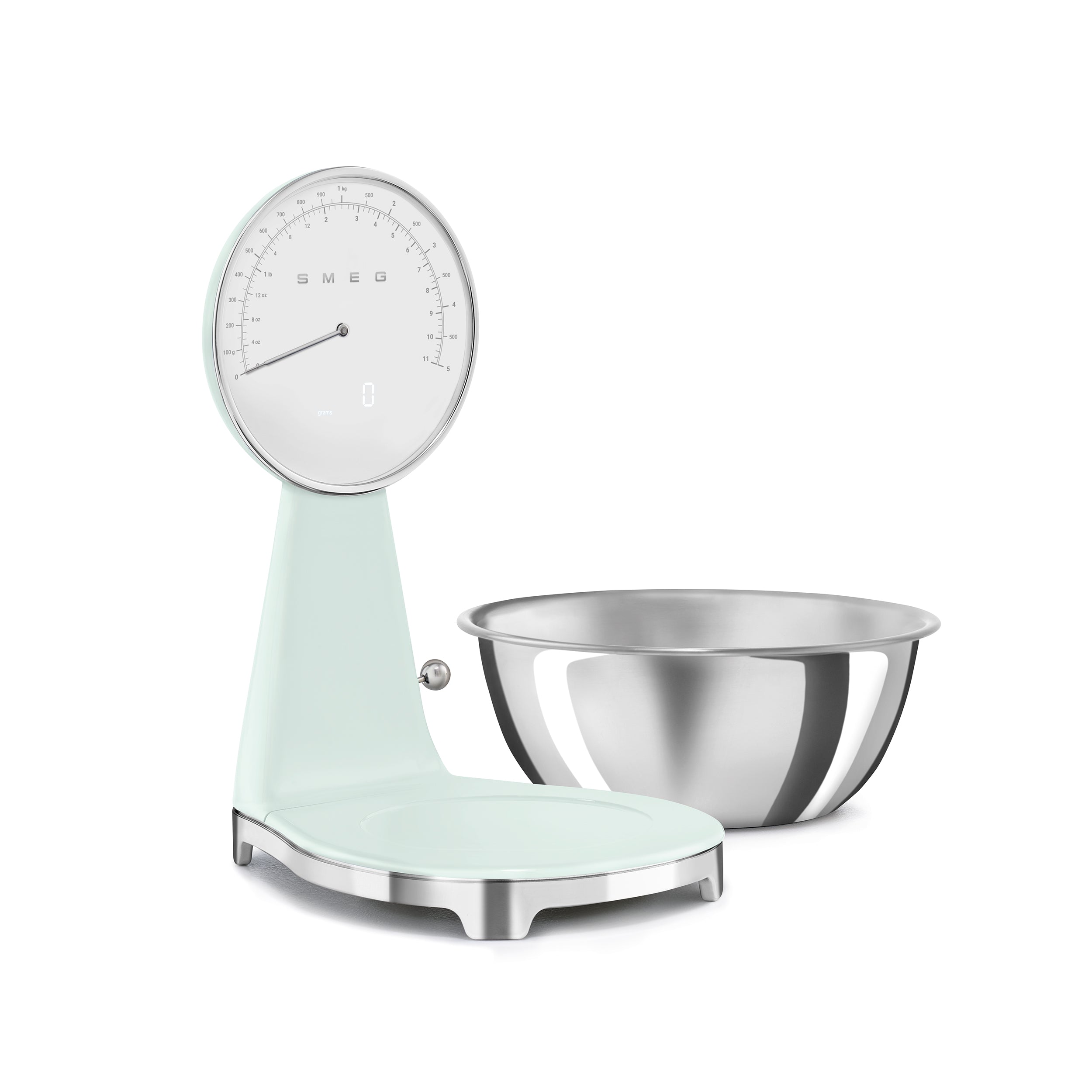 Smeg digital and analog kitchen scale with white finish, featuring a sleek modern design for precise food measurement.