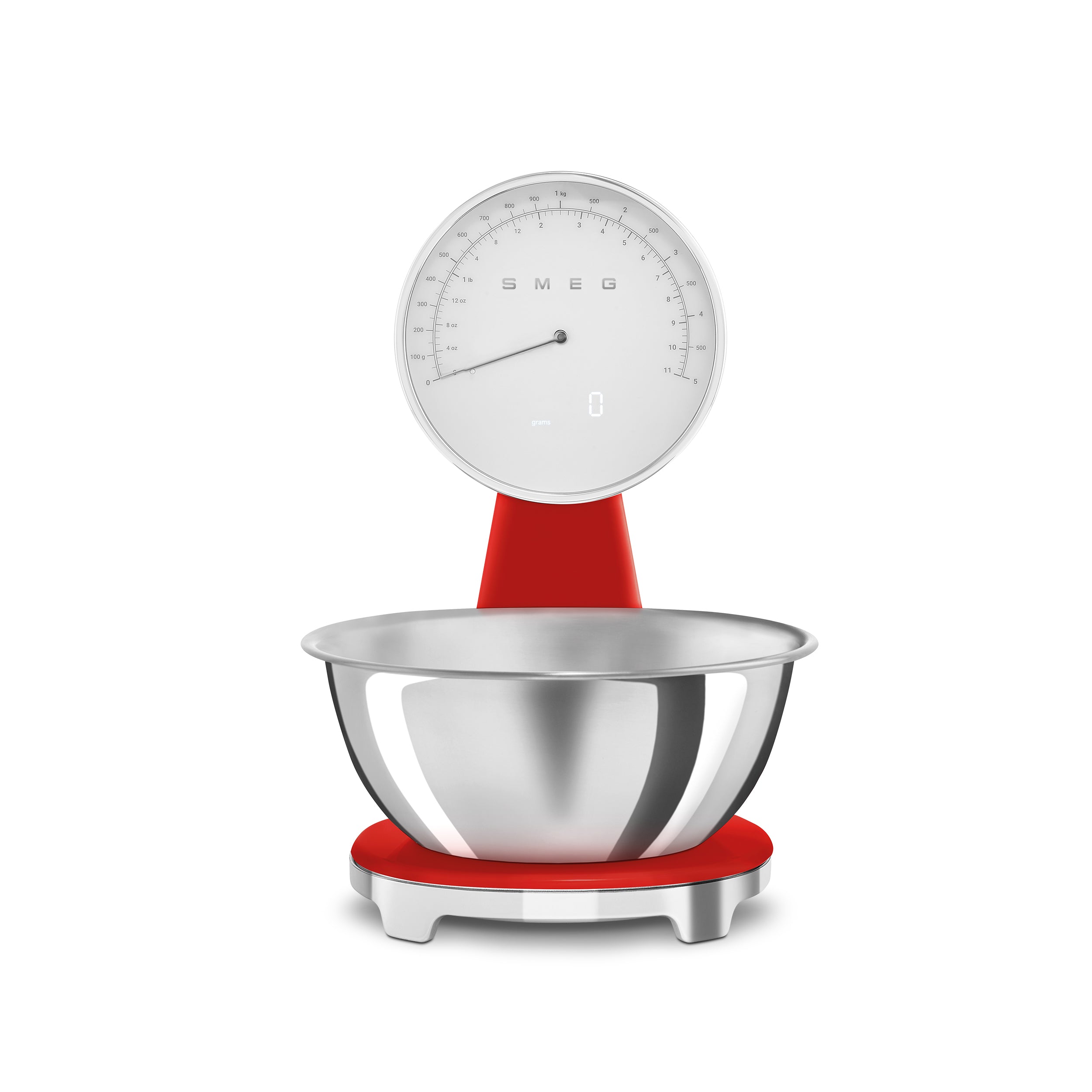 Smeg Digital & Analog Kitchen Scale by The Gas Boys showing a sleek red design with digital display and analog dial for precise measurements.