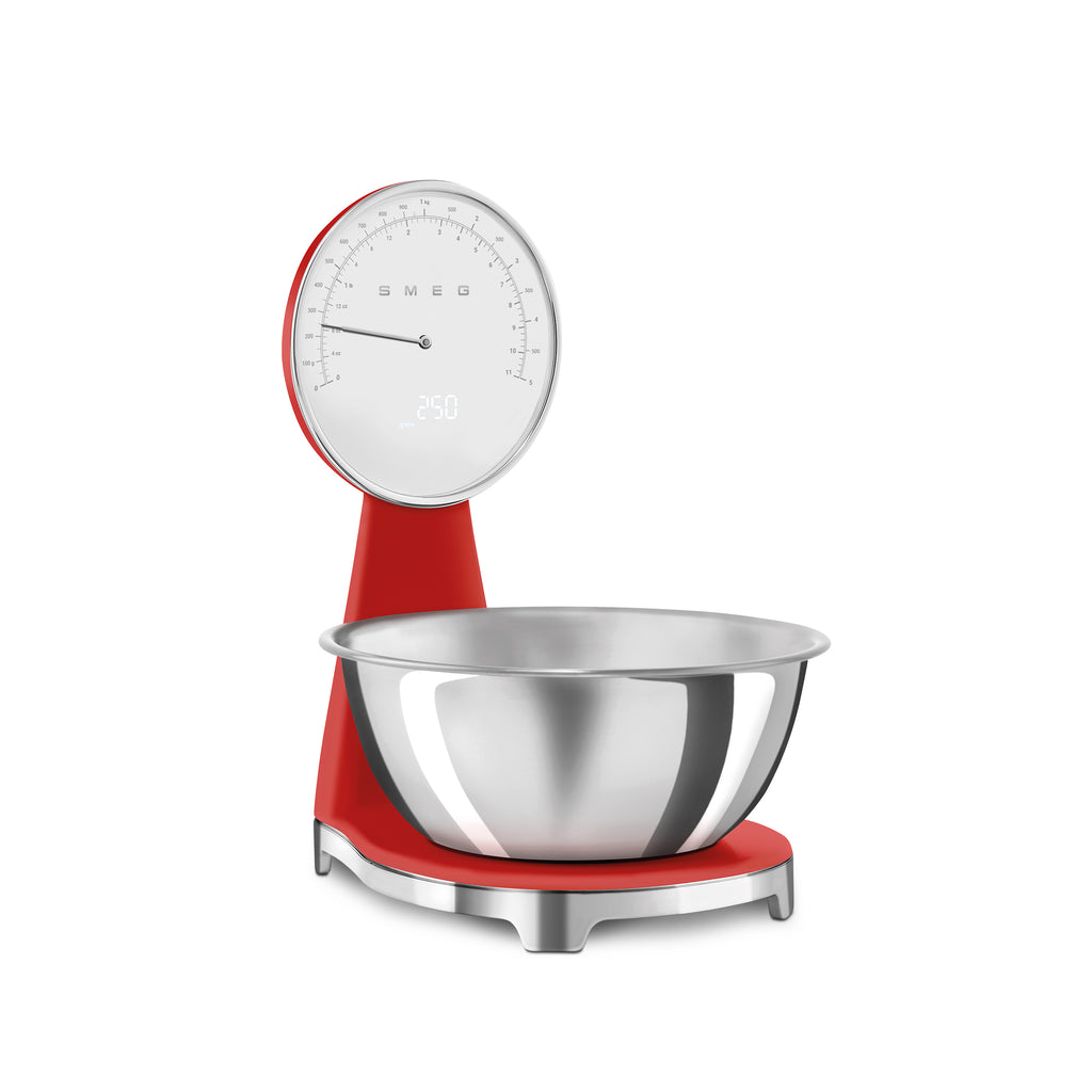 Smeg Digital and Analog Kitchen Scale by The Gas Boys showing a sleek red design with digital display and analog dial for precise measurement.