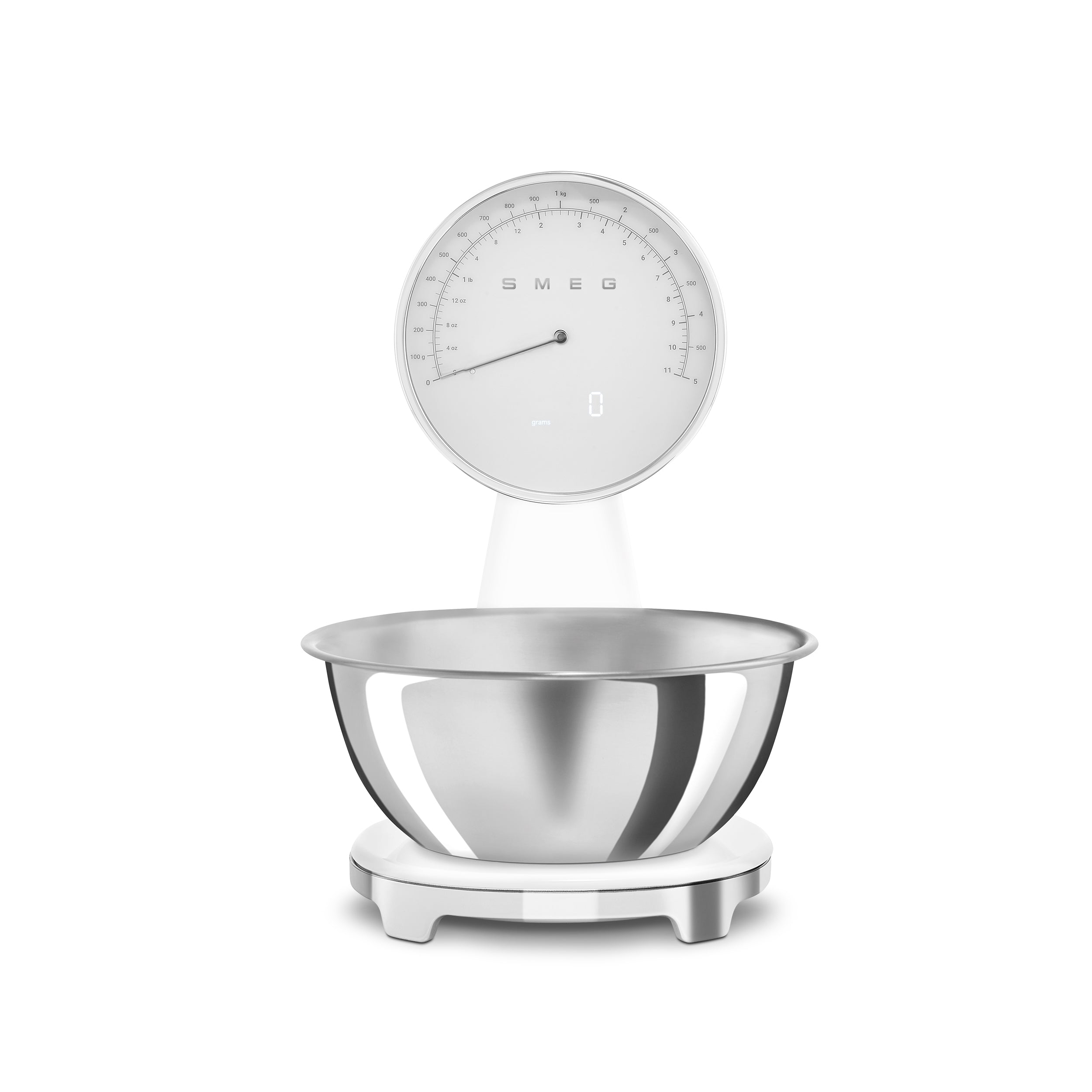 Smeg digital and analog kitchen scale in white with sleek design, featuring a digital display and analog dial for precise weight measurement.
