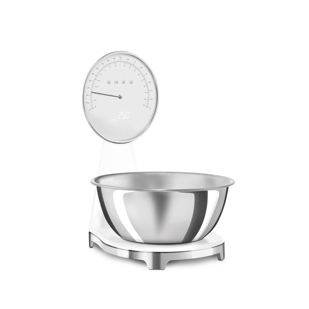 Smeg digital and analog kitchen scale with white finish, featuring a sleek design and measurement display, by The Gas Boys.