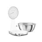 Smeg Digital and Analog Kitchen Scale with white finish, featuring a sleek design and clear measurement display.