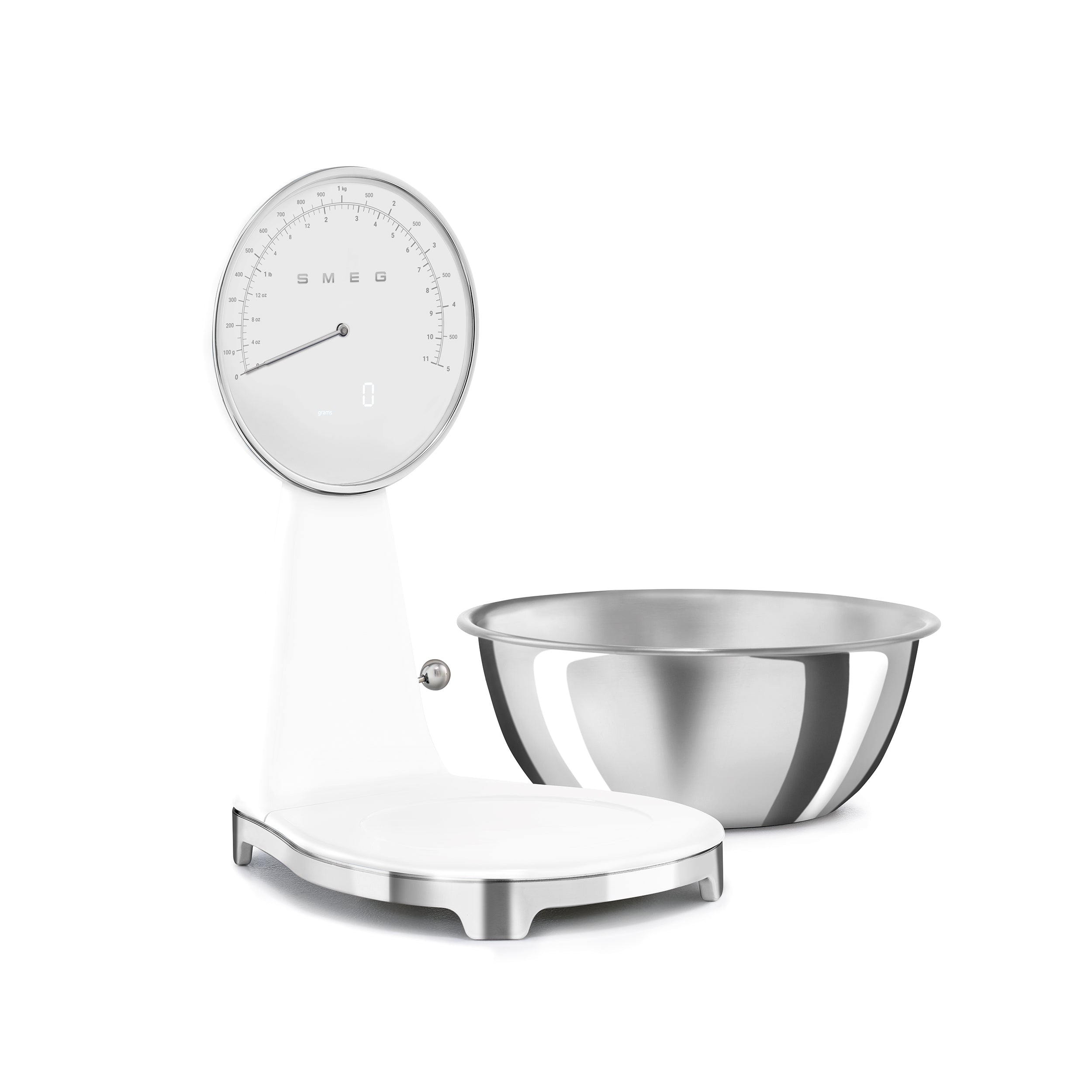 Smeg Digital and Analog Kitchen Scale with white finish, featuring a sleek design and clear measurement display.