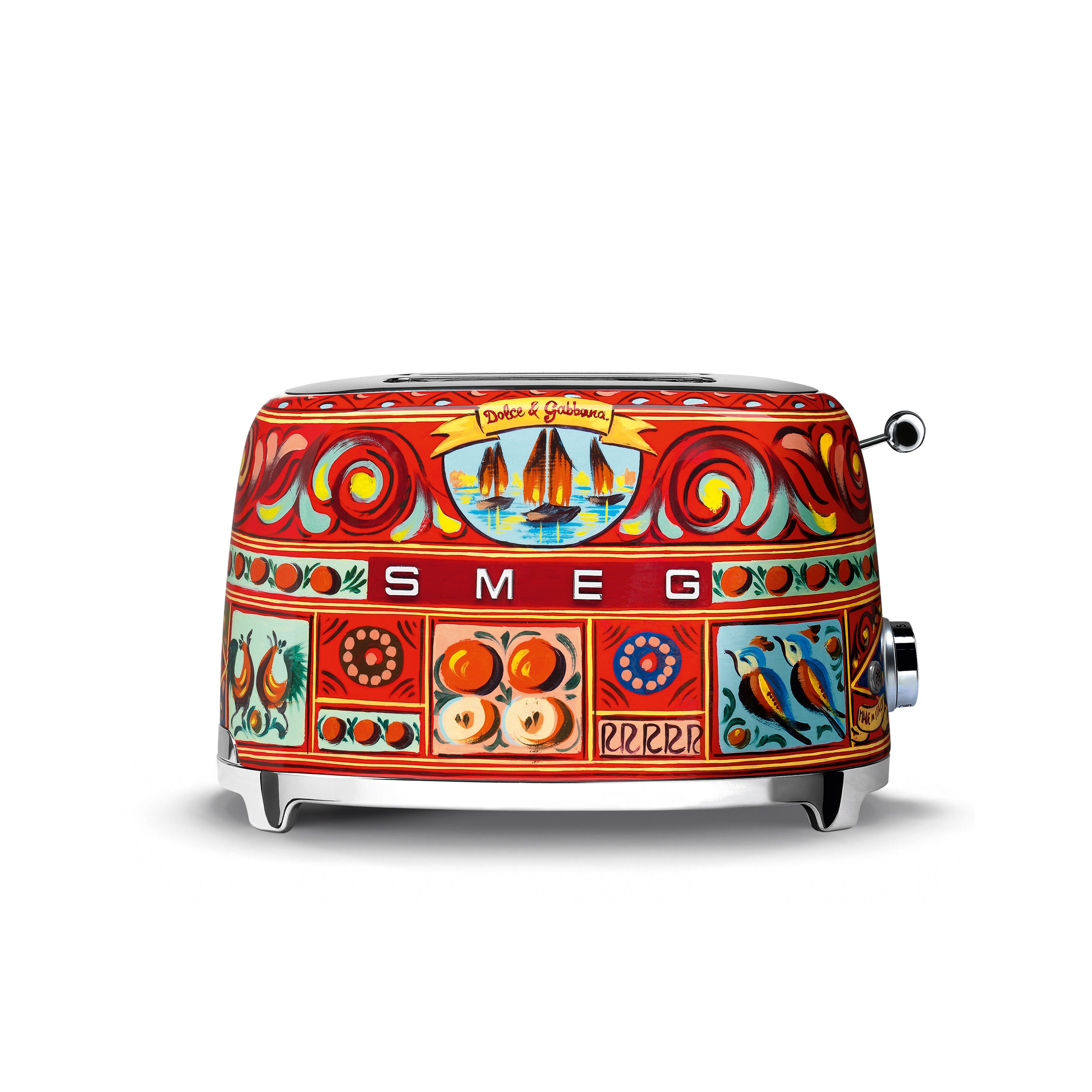Smeg Dolce & Gabbana 2-slice toaster with stainless steel finish and retro design, featuring two wide slots for bread slices.