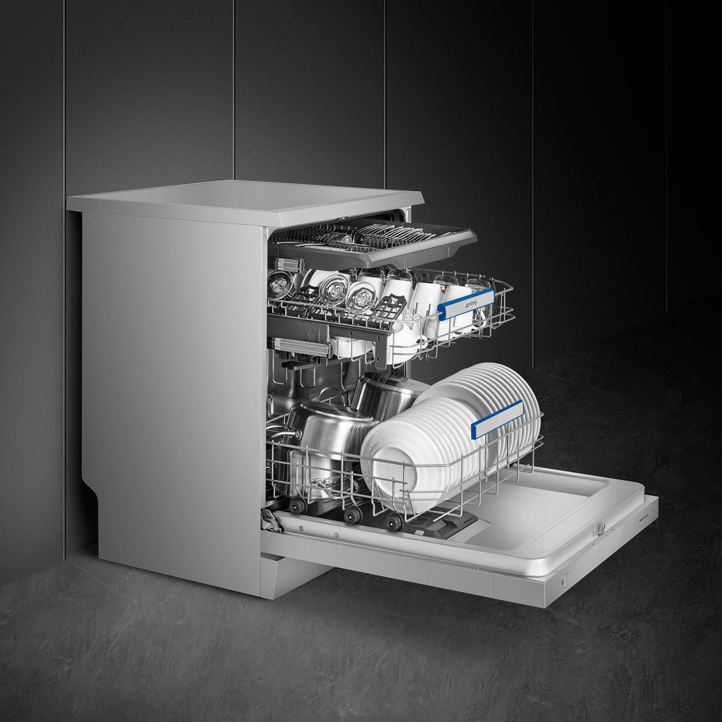 Smeg 60cm freestanding dishwasher in stainless steel with control panel and door handle, designed for efficient kitchen cleaning.