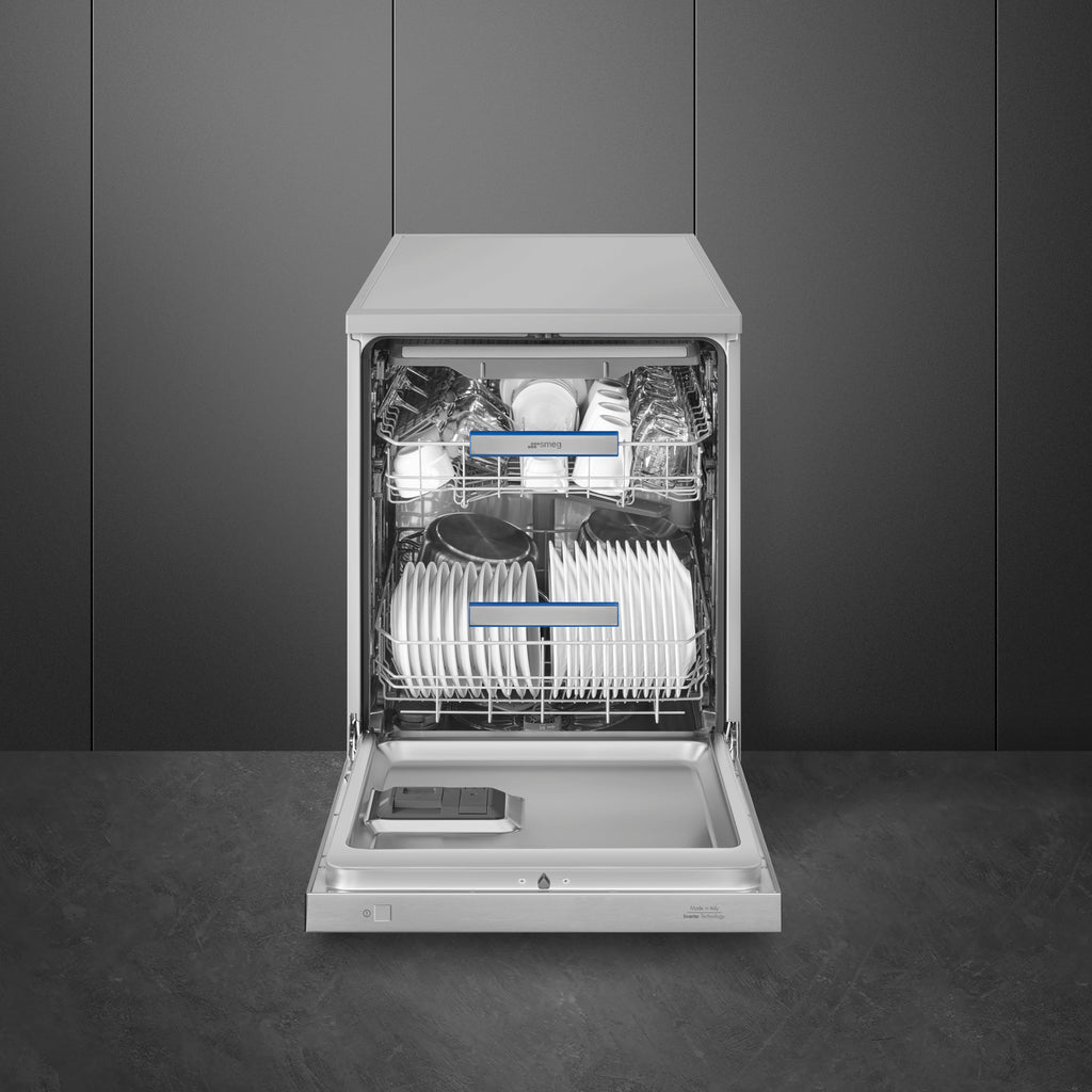 Smeg 60cm freestanding dishwasher in stainless steel, with control panel and open door revealing interior racks.