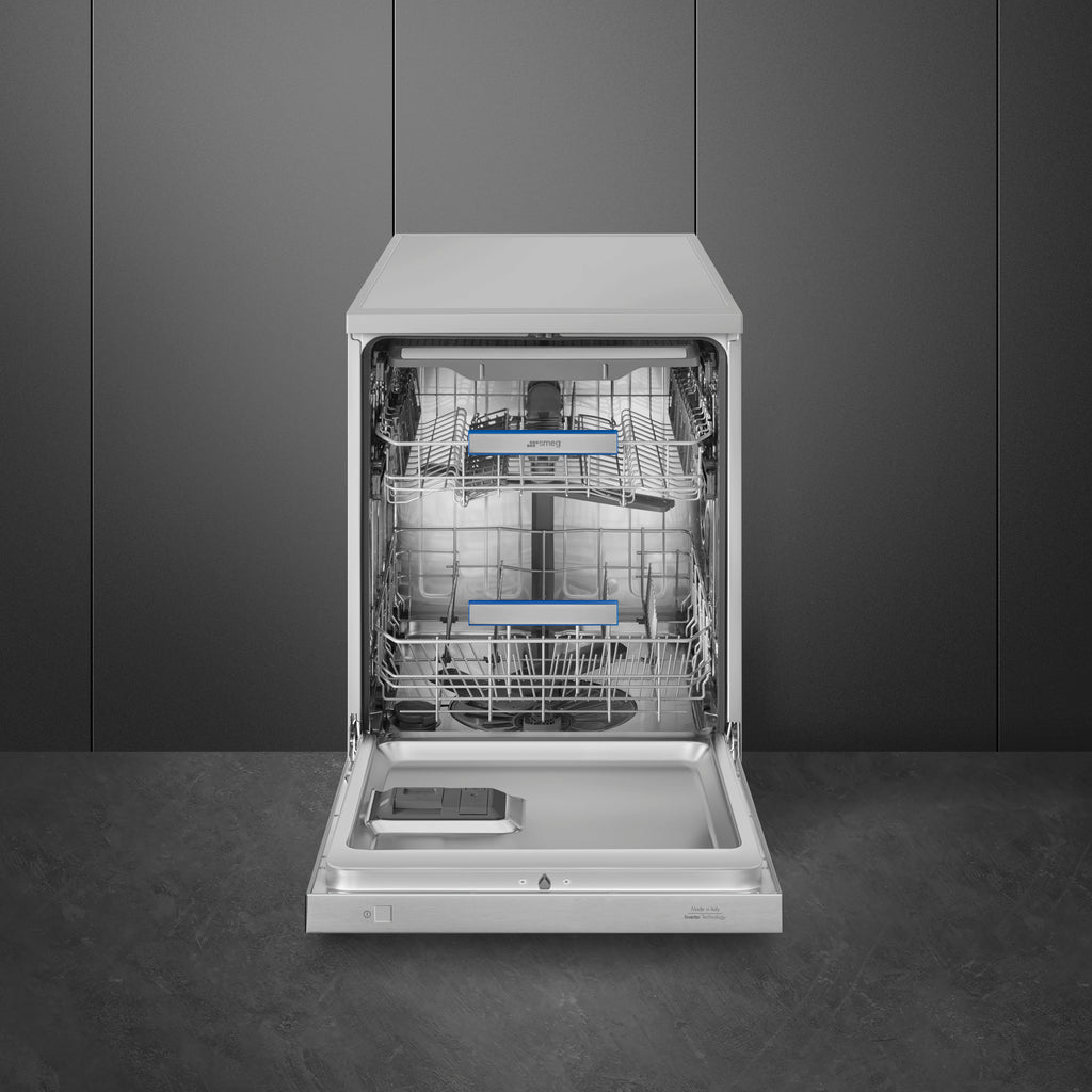 Smeg 60cm freestanding dishwasher with stainless steel finish and control panel, designed for efficient kitchen cleaning.