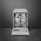 Smeg 60cm freestanding dishwasher with stainless steel finish and control panel, designed for efficient kitchen cleaning.