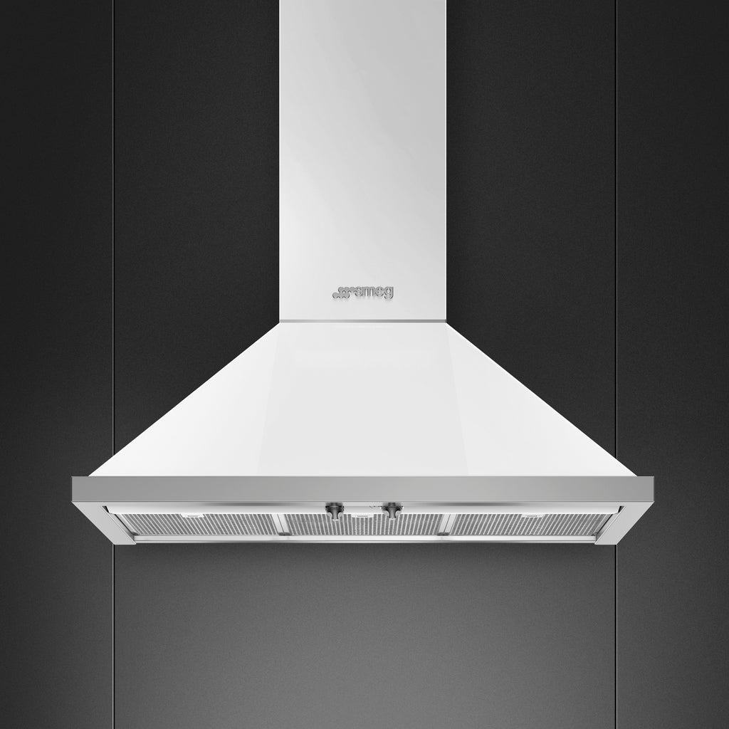 White 90 cm Portofino extractor hood by My Store with sleek design and control buttons, mounted under kitchen cabinets.