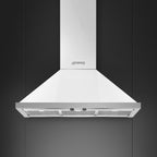 White 90 cm Portofino extractor hood by My Store with sleek design and control buttons, mounted under kitchen cabinets.