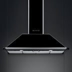 Victoria wall mount extractor in sleek black with stainless steel finish, 110 cm wide, designed for modern kitchen ventilation.