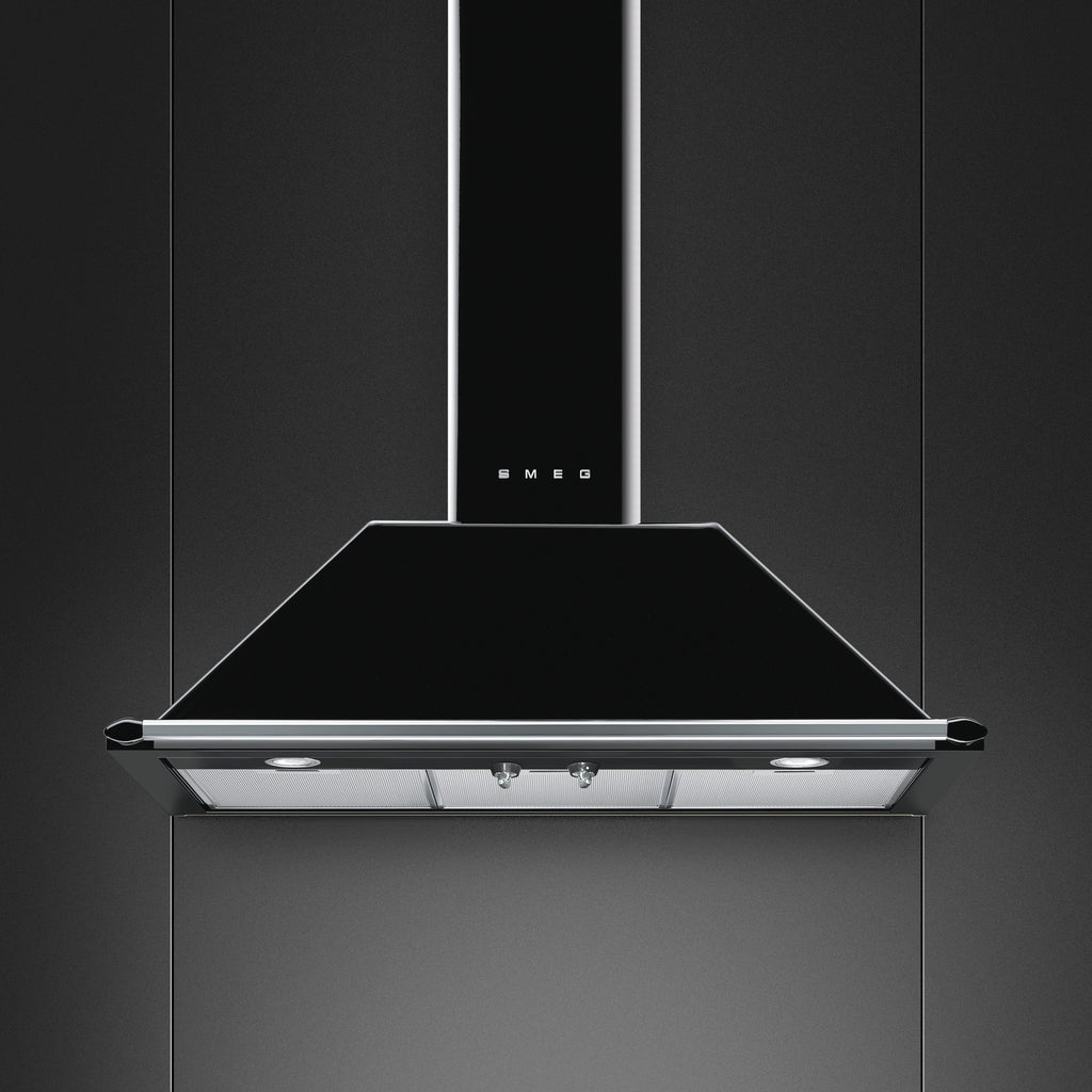 Victoria Wall Mount Extractor in black, 90 cm width, showcasing sleek design and control panel for kitchen ventilation.