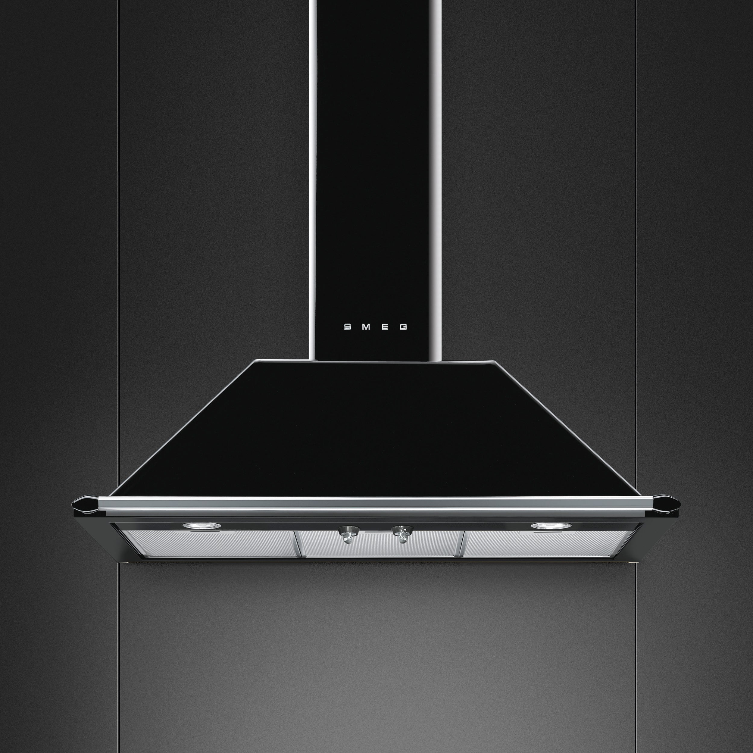 Victoria Wall Mount Extractor in black, 90 cm width, showcasing sleek design and control panel for kitchen ventilation.