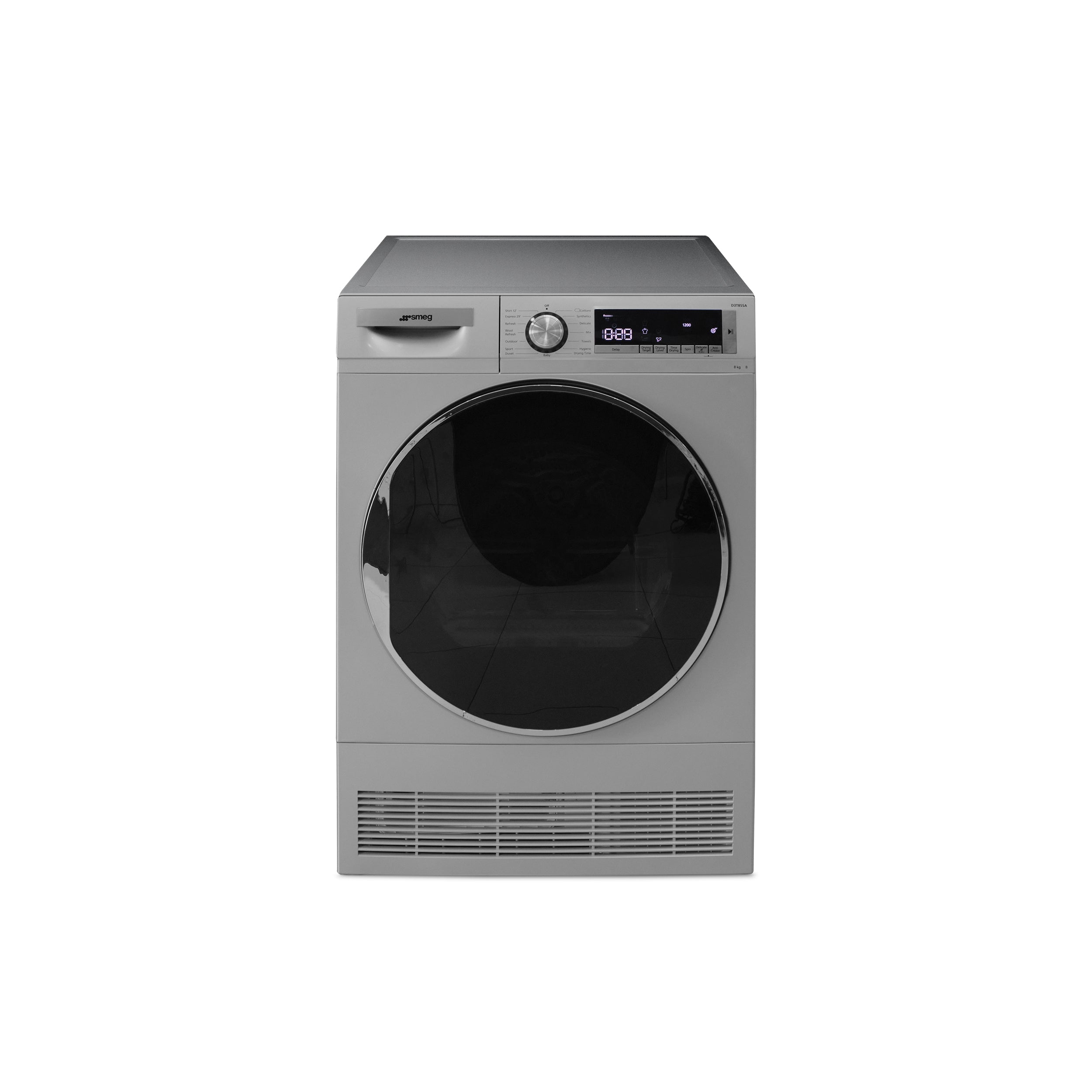 Smeg 60 cm condenser dryer in white with control panel and drying drum, compact appliance for laundry drying.