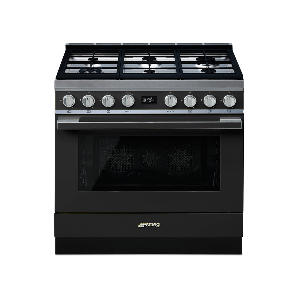 Smeg 90cm Portofino gas-electric cooker with four burners and oven, featuring a sleek modern design and stainless steel finish.