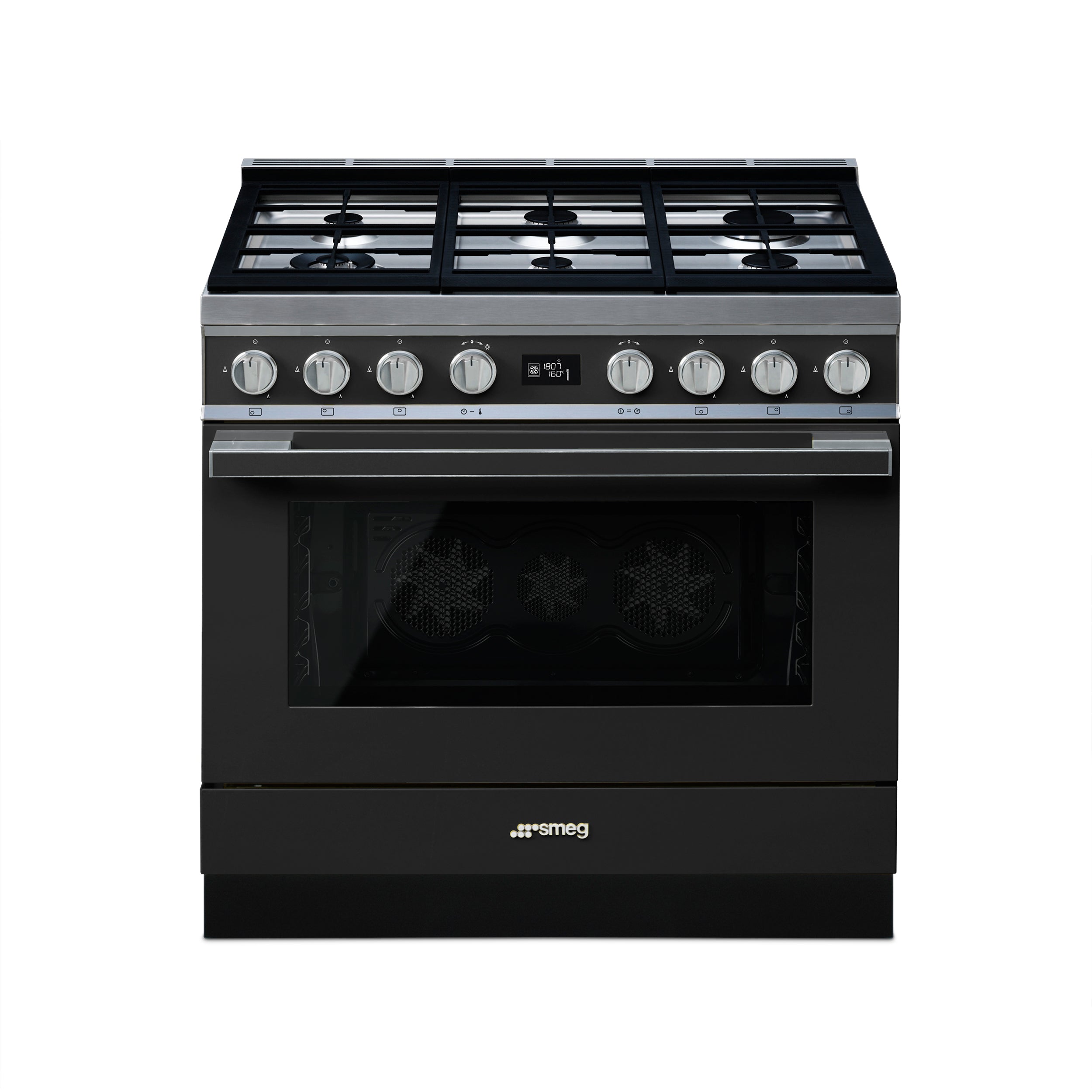 Smeg 90cm Portofino gas-electric cooker with four burners and oven, featuring a sleek modern design and stainless steel finish.