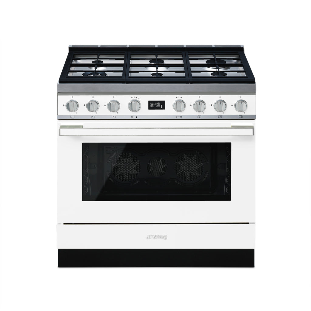 Smeg 90cm Portofino gas-electric cooker with stainless steel finish, featuring four burners and an electric oven in a modern kitchen setting.