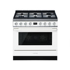 Smeg 90cm Portofino gas-electric cooker with stainless steel finish, featuring four burners and an electric oven in a modern kitchen setting.