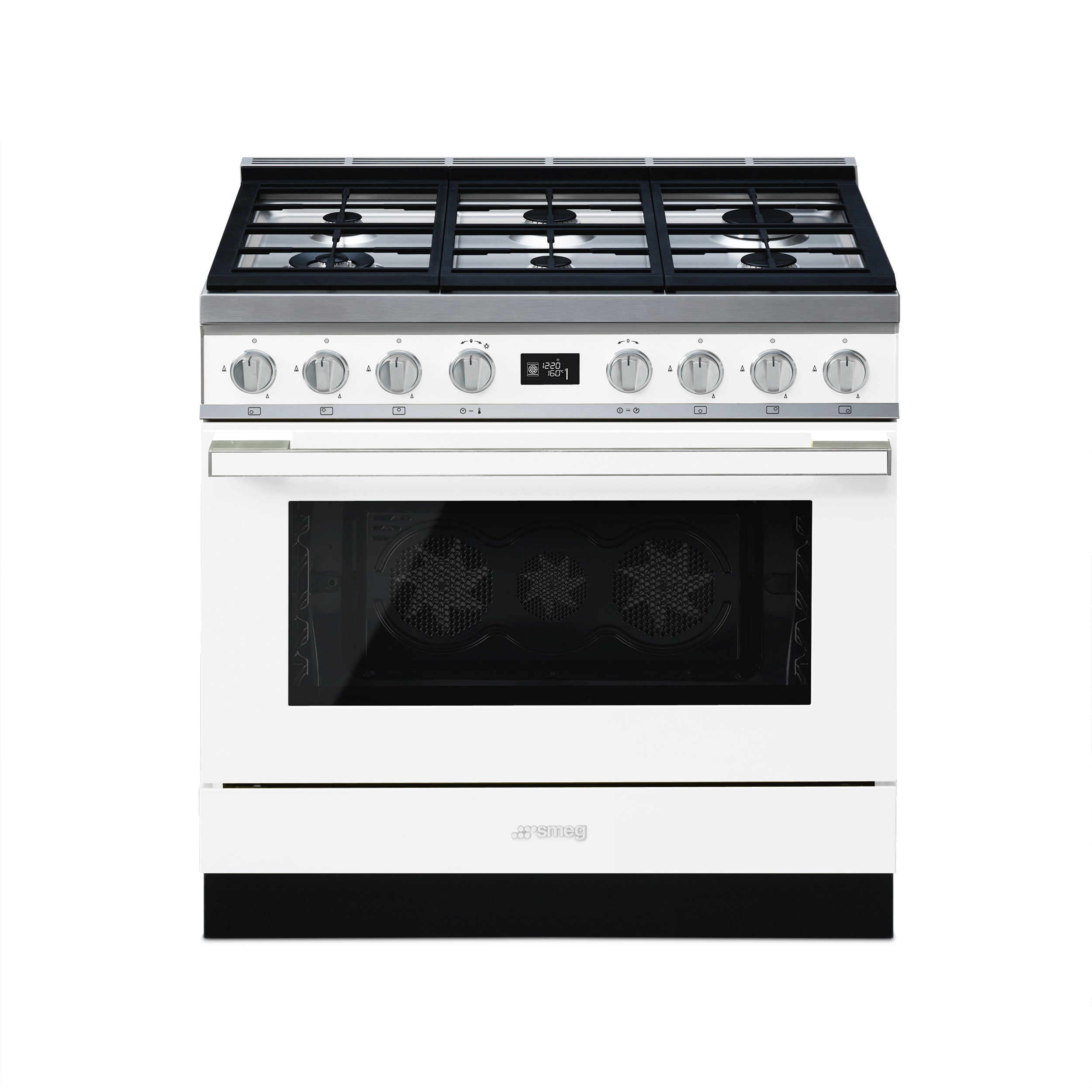 Smeg 90cm Portofino gas-electric cooker with stainless steel finish, featuring four burners and an electric oven in a modern kitchen setting.
