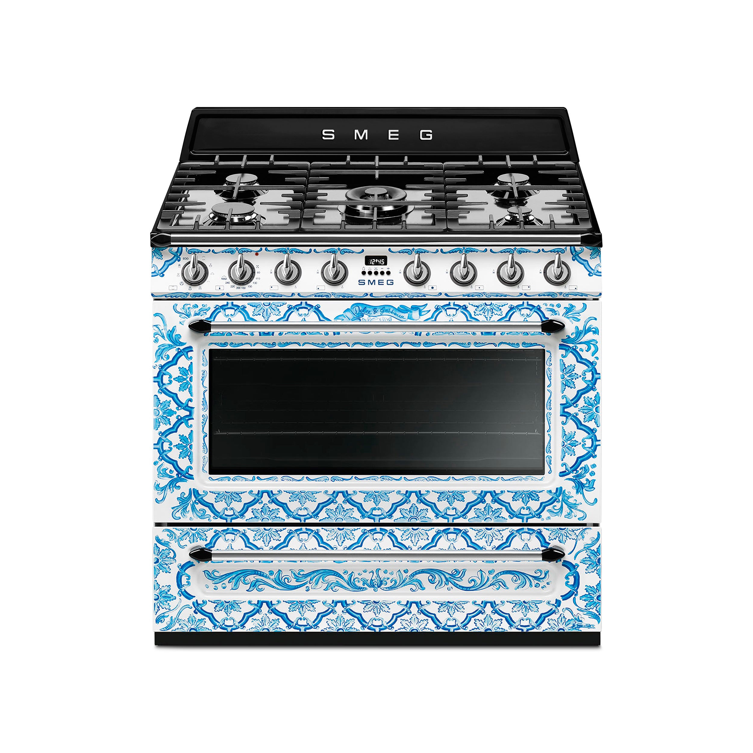 Smeg Dolce & Gabbana Blu Mediterraneo gas-electric cooker with sleek design and control knobs, featuring a modern cooking surface