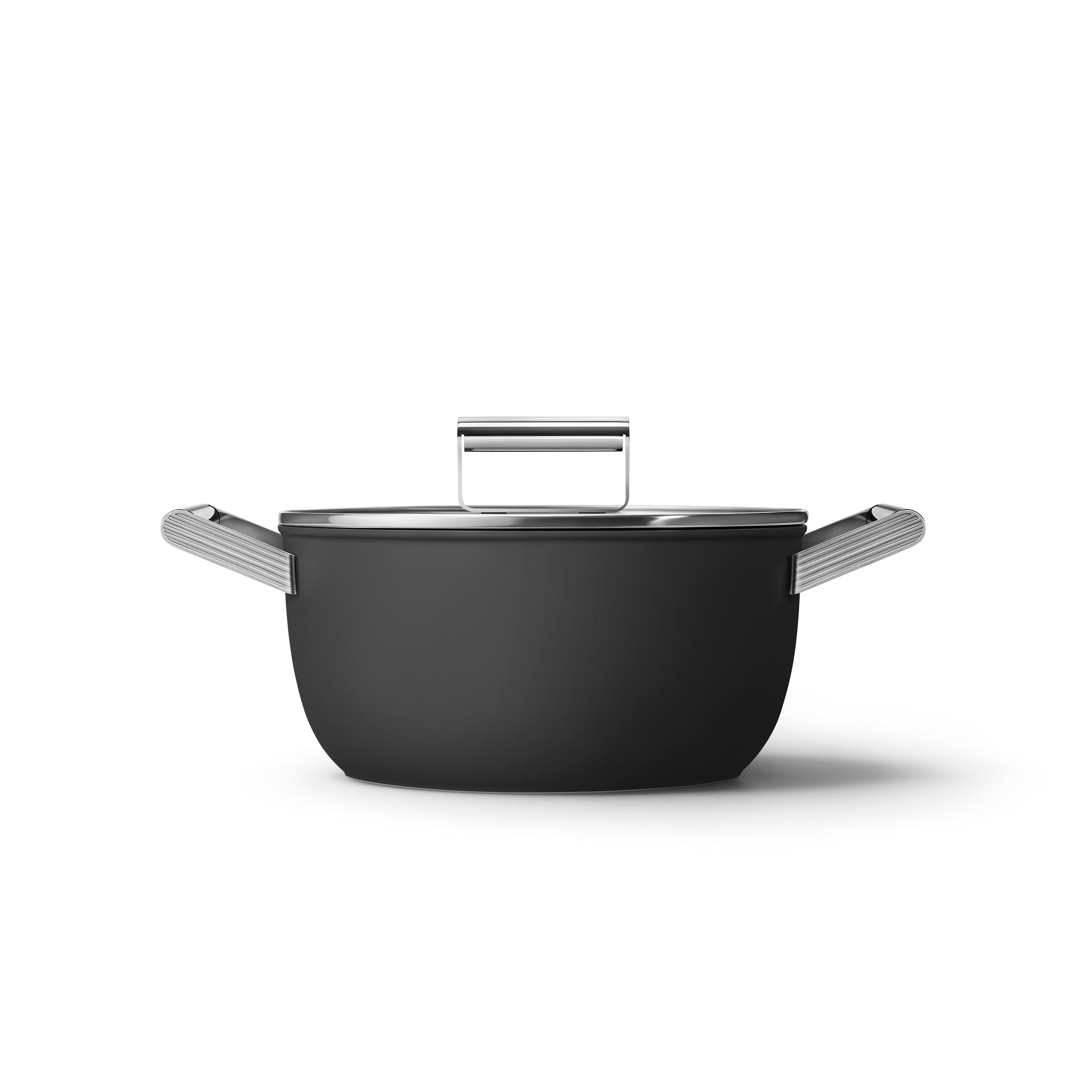 Black Smeg 24cm casserole pan with lid, made of durable cookware material, perfect for versatile stovetop cooking.