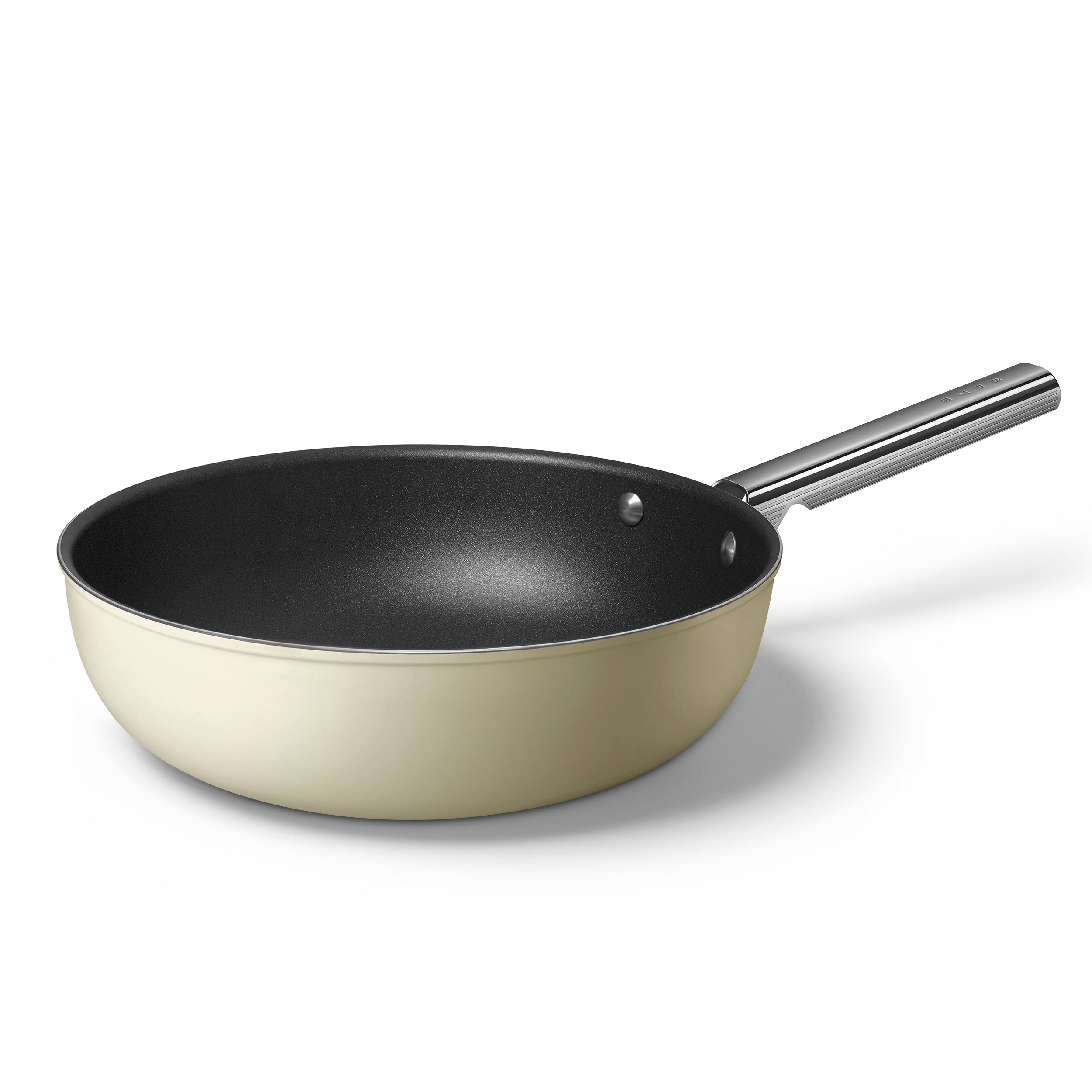 Cream Smeg 30cm gas wok with stainless steel handle and non-stick interior, ideal for versatile cooking.